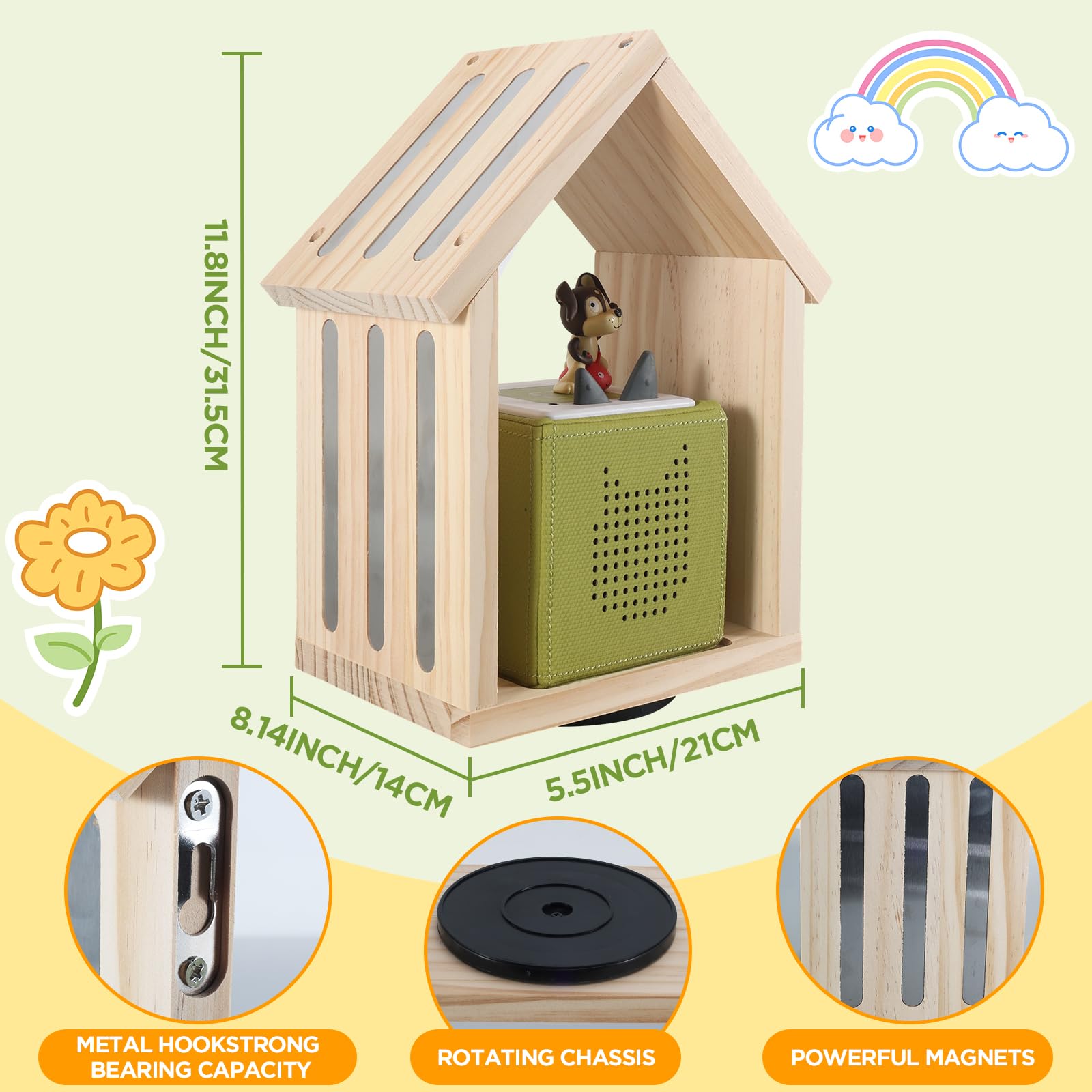 Givilio Tonie Shelf 360° Swivel Base SpinLodge House Rotating Wooden for Toniebox1&2, Magnetic Figures with Strong Magnets, Wall-Mountable Toniebox