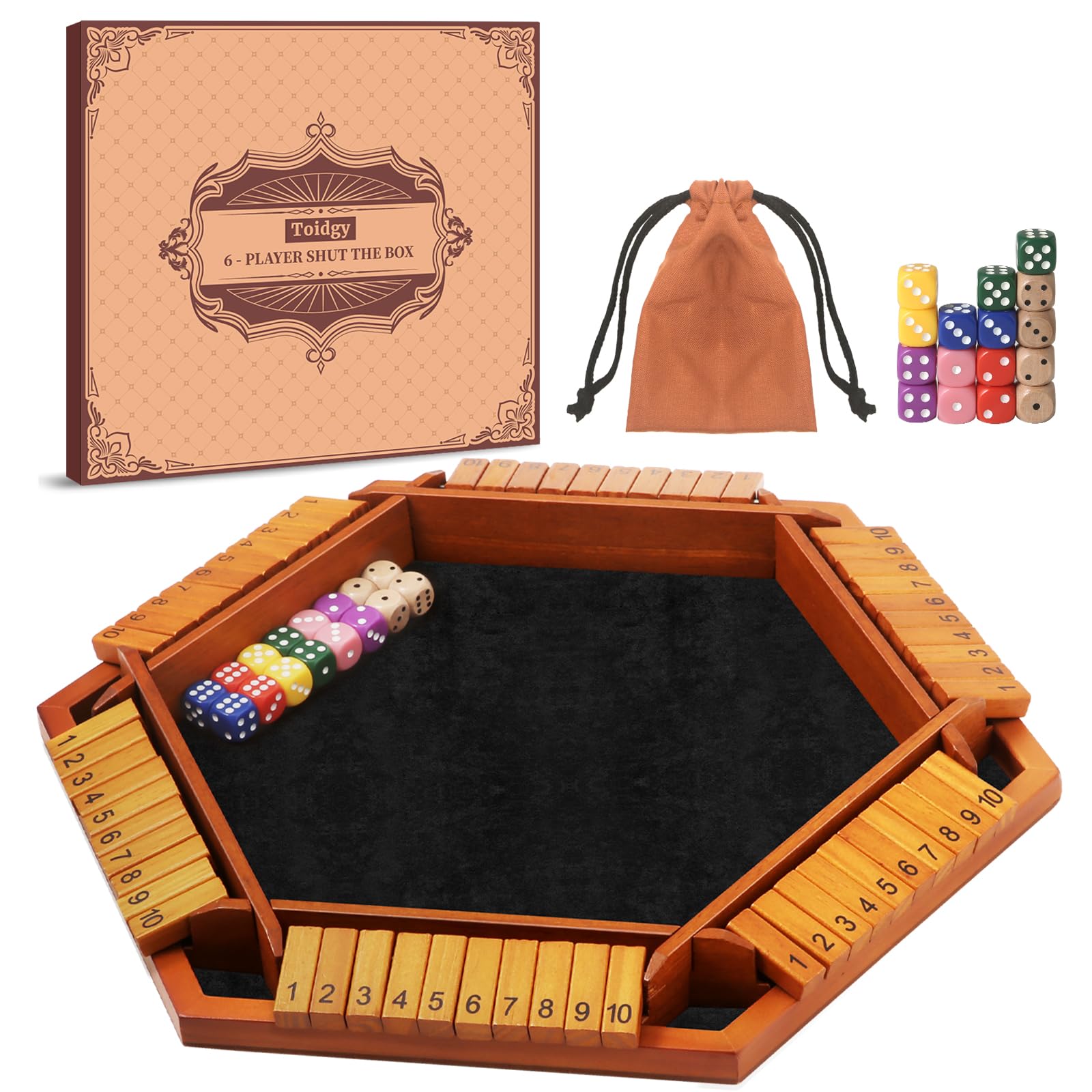 Toidgy 1-6 Players Shut The Box Dice Games, Wooden Board Table Math Game with 16 Dice and Instructions, Classics Close The Box Board Game for Adults