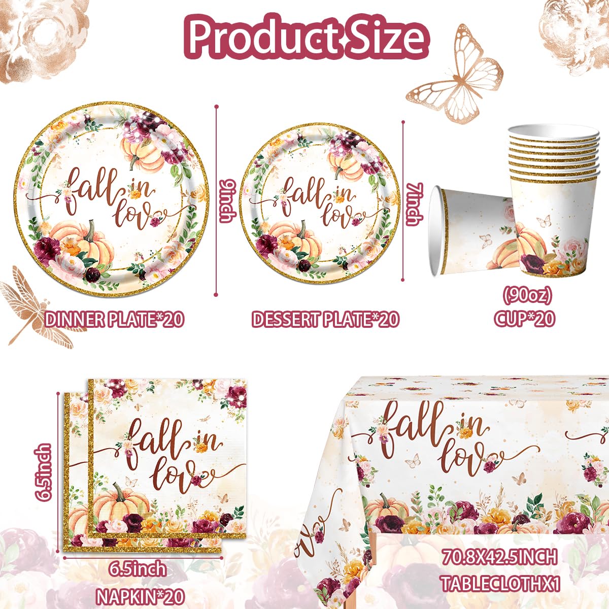 Fall in Love Bridal Shower Decorations,Fall Floral Pumpkin Disposable Tableware Set Includes Fall Dinner Plate,Tablecloths,Cup for Bridal