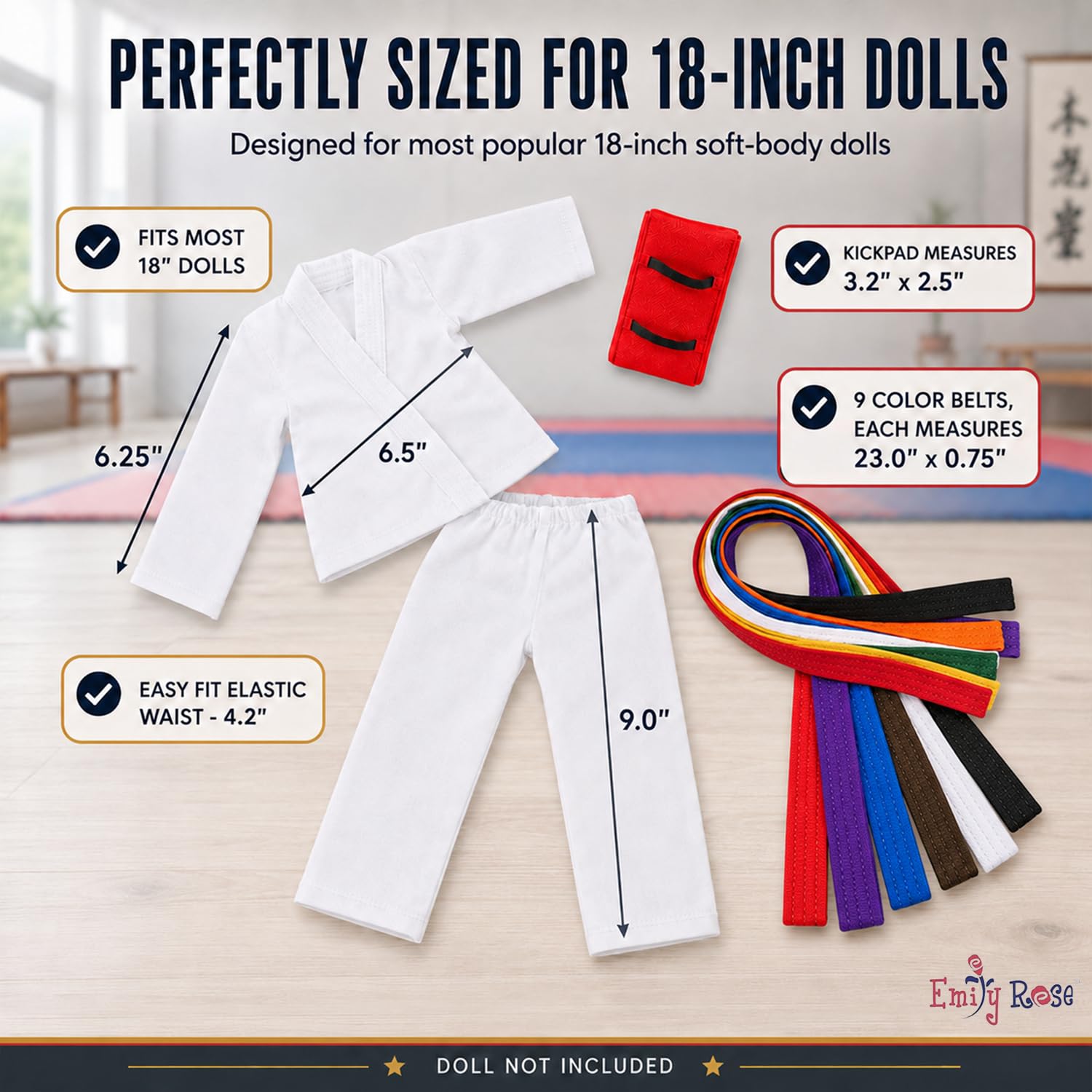 Emily Rose 18 Inch Doll Karate Outfit - 11 Pc Taekwondo Gi Set with Belts
