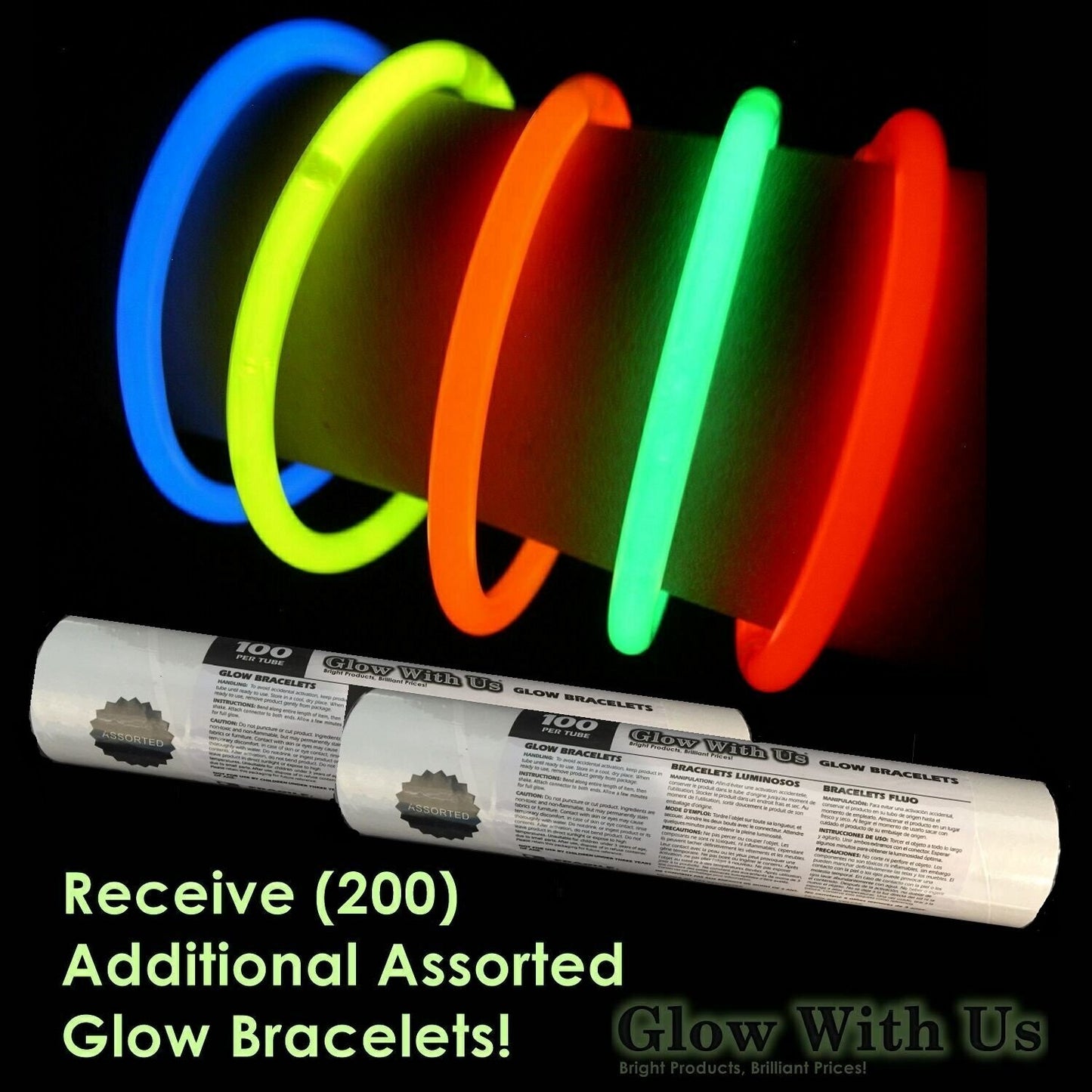 Glow With Us Glow Sticks Bulk Wholesale, 200 6” Industrial Grade Blue Light Sticks+200 Free Glow Bracelets! Bright Color, Glow 12-14 Hrs, Safety Glow