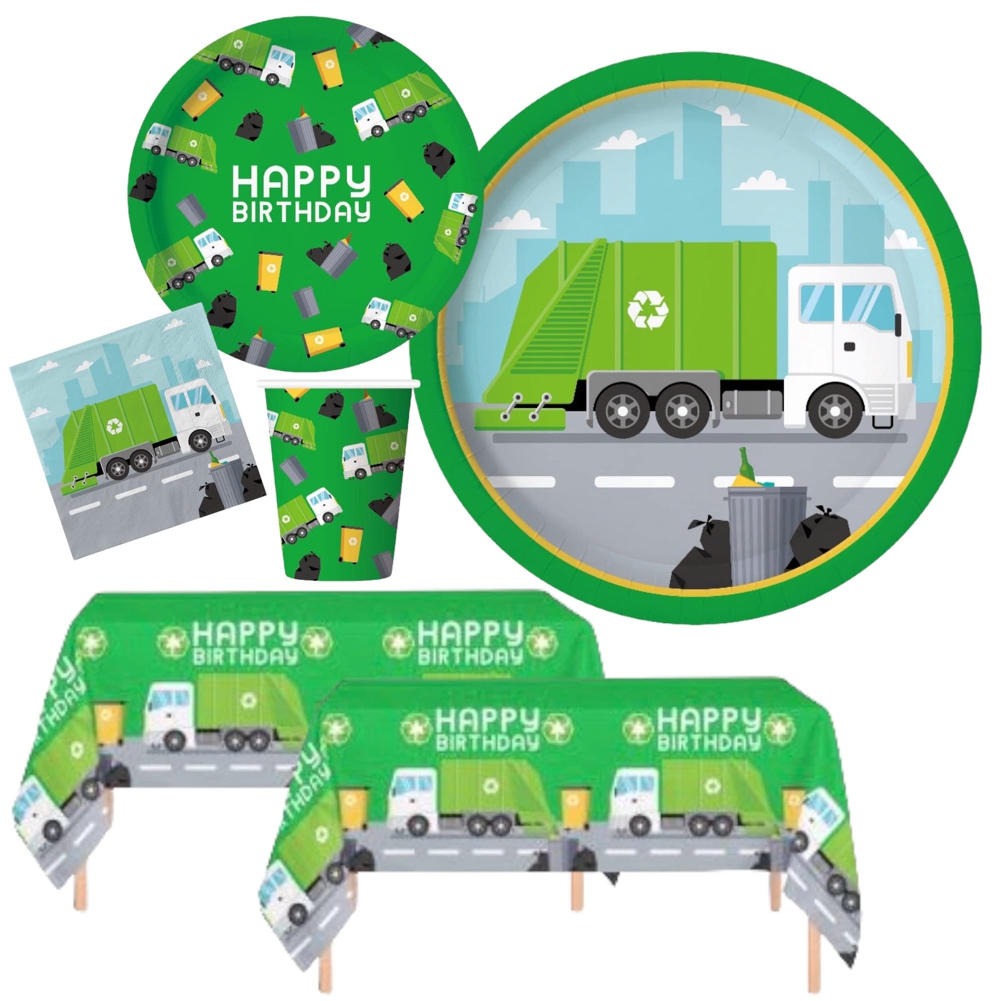 Oojami Garbage Truck Party Supplies - Serves 24, Complete Birthday Tableware Set with Plates, Cups, Napkins & Table Covers for Kids Garbage Truck