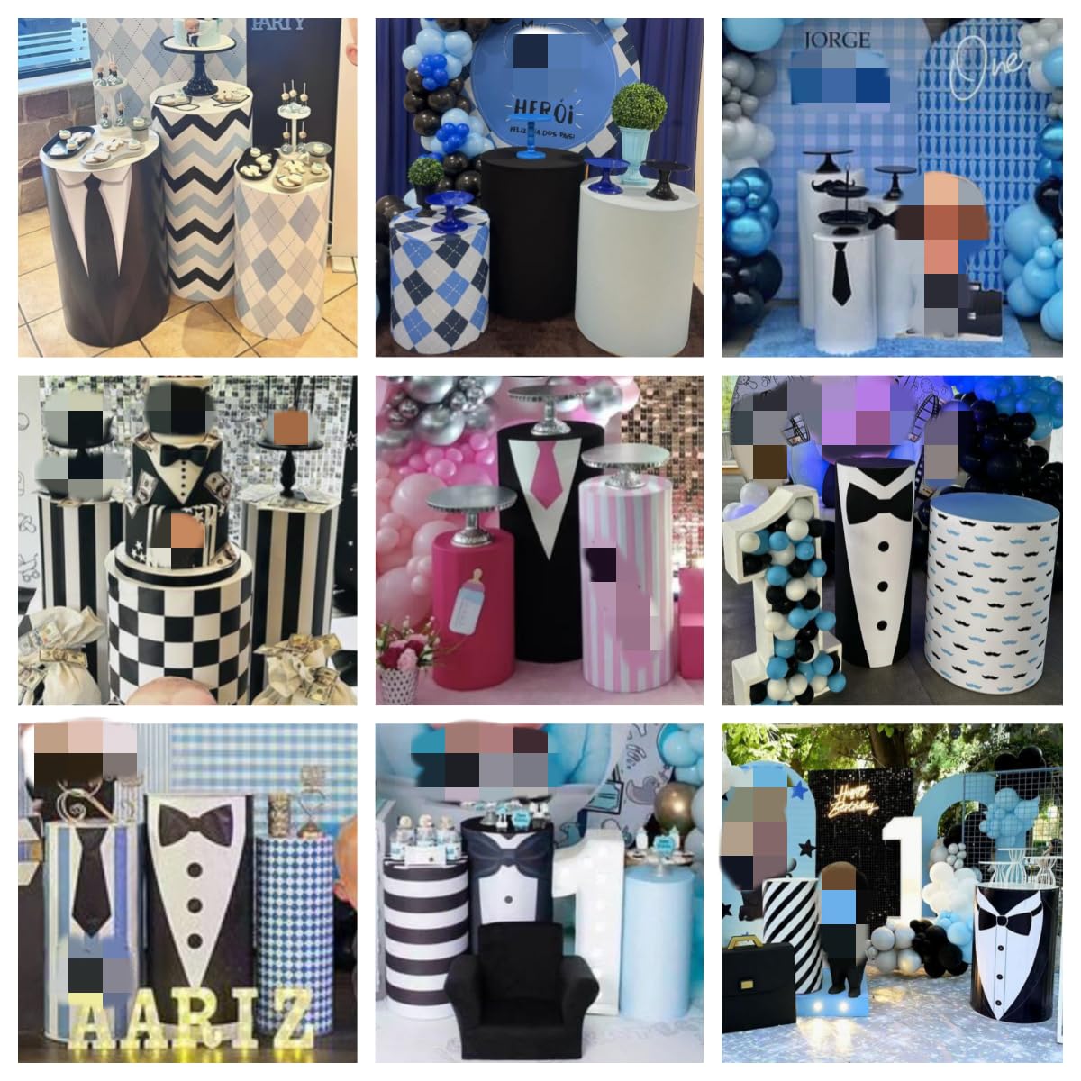 ittsmnt Cylinder Covers Set of 3 Pieces Black Stripes Bow Tie Pedestal Plinth Stand Covers Boys Baby Shower Birthday Party Tablecloth Decorations (Set