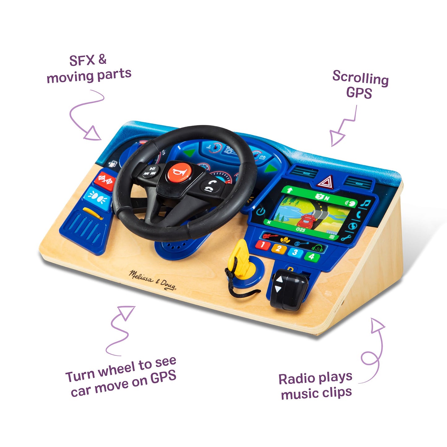 Melissa & Doug Vroom & Zoom, Interactive Wooden Dashboard, Racing Car Steering Wheel Toy, Lights & Sounds, Preschool Learning Toys for Girls & Boys 3+