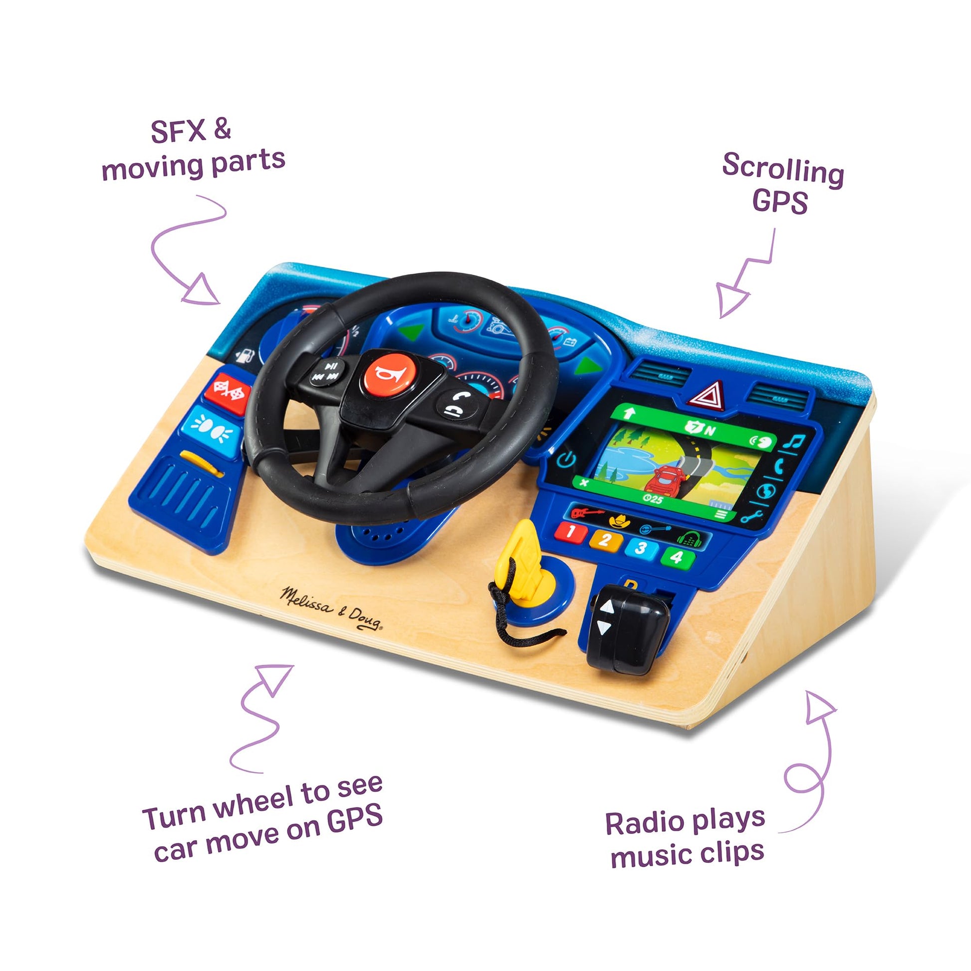 Melissa & Doug Vroom & Zoom, Interactive Wooden Dashboard, Racing Car Steering Wheel Toy, Lights & Sounds, Preschool Learning Toys for Girls & Boys 3+