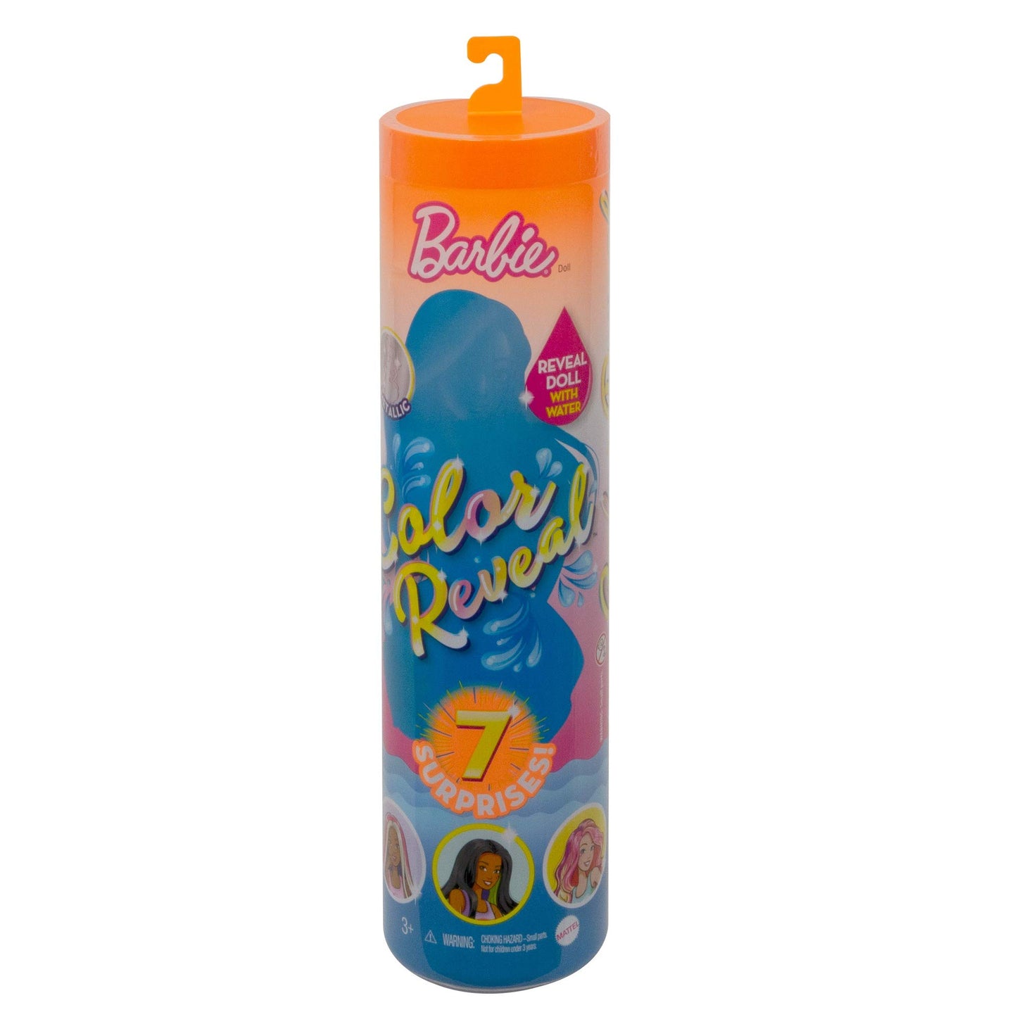 Barbie Color Reveal Doll with 7 Surprises: 4 Mystery Bags Contain Surprise Wig, Skirt, Shoes & Sponge; Water Reveals Metallic Blue Doll’s Look &