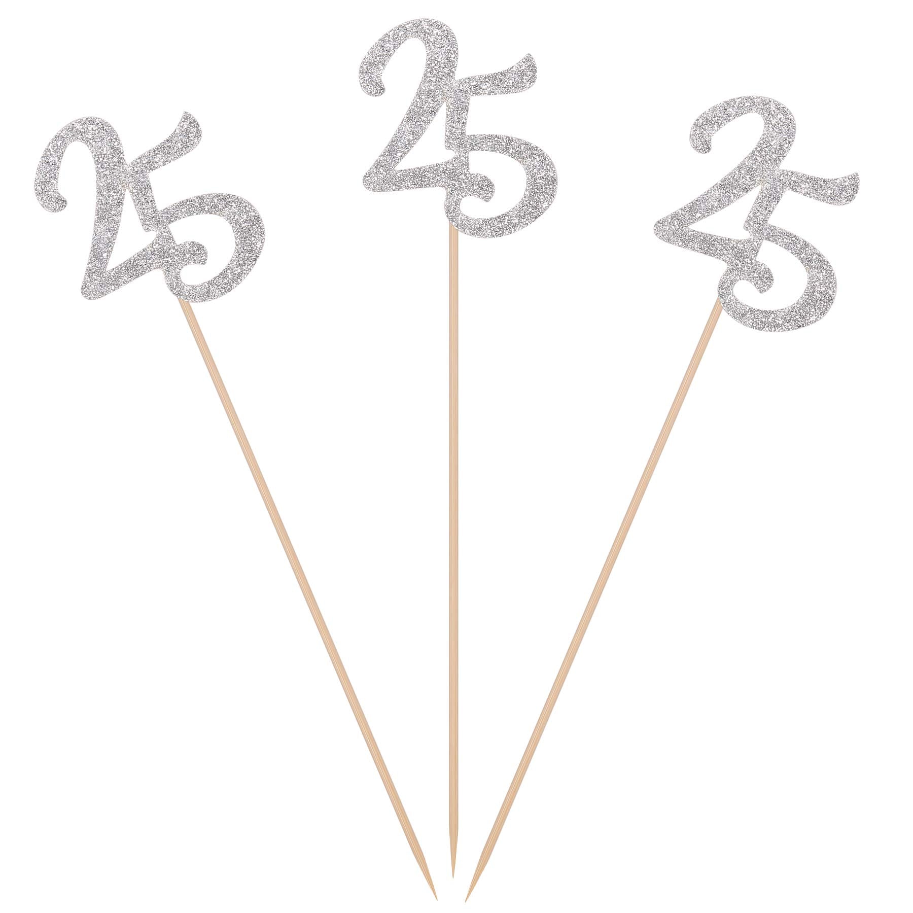 Pack of 10 Silver Glitter 25th Birthday Centerpiece Sticks Number 25 Table Topper Age Letter Decorations