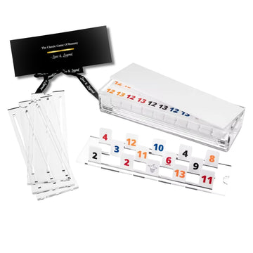 Luxe & Legend (White Cover) Rummy Tile Game Set - Engraved Bright White Tiles, Acrylic Lucite Racks & Storage Box with Premium Gift Box, Modern Luxury