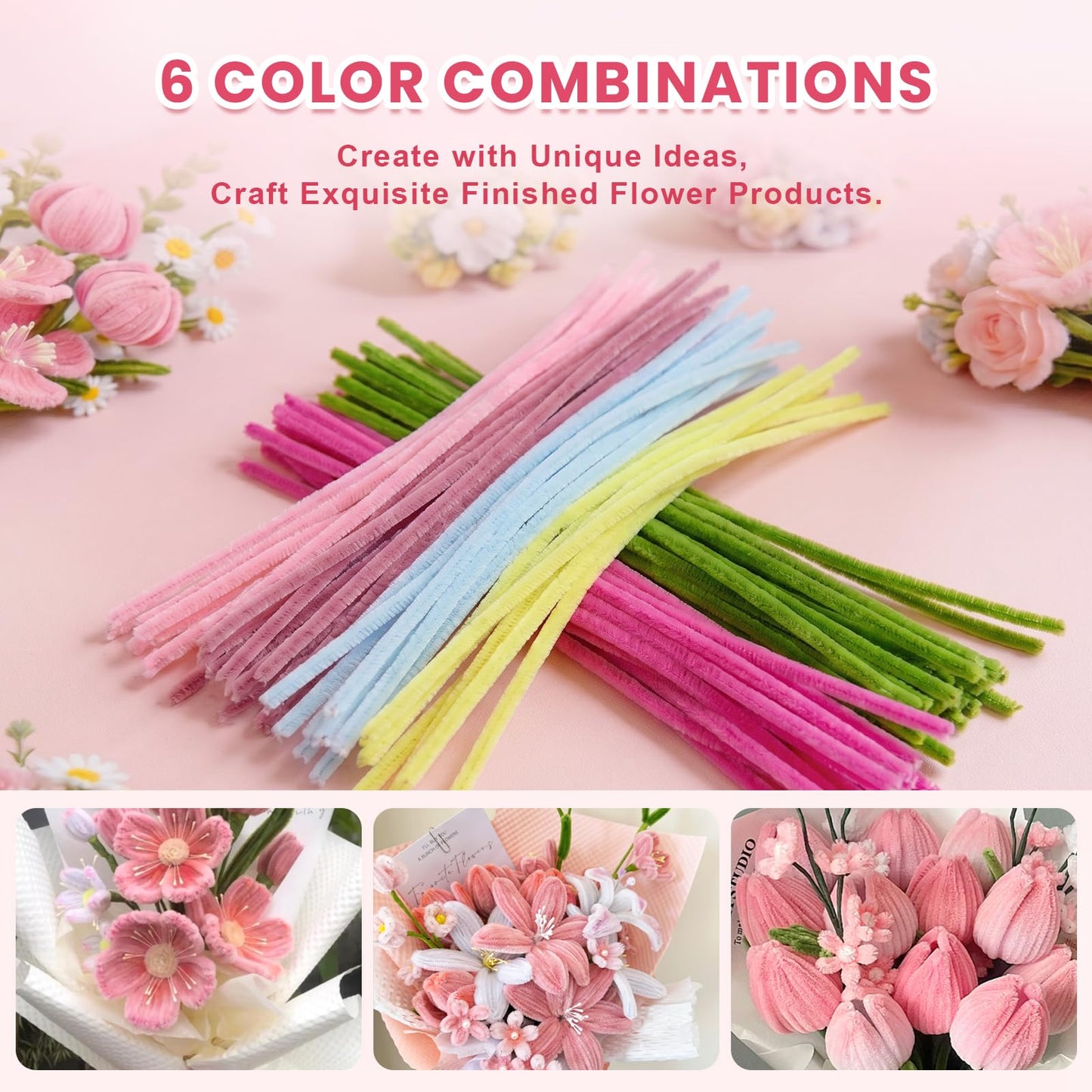600 PCS Pipe Cleaners Craft, 6 Colors Pipe Cleaner Bulk Flower Kit, Chenille Stems Bulk with Floral Wires, Gardening Tape, Stamen, Wrapping Paper