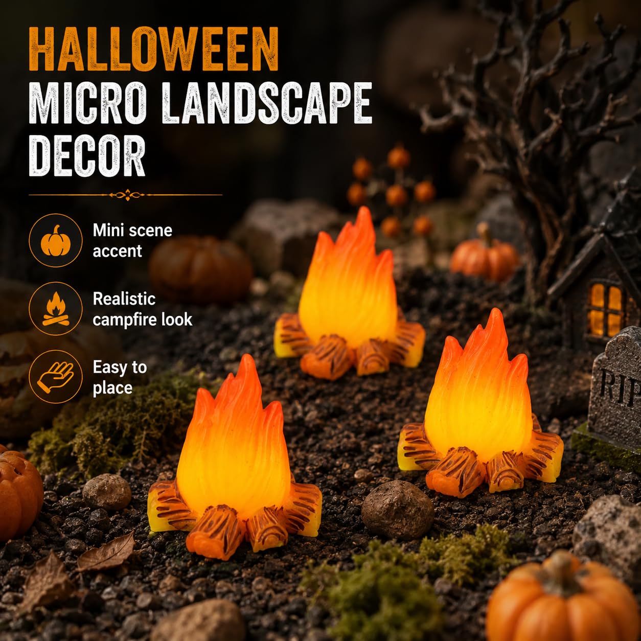Essivox 3Pcs Miniature Resin Campfire Models, Halloween Decor, Micro Landscapes, Creative Displays