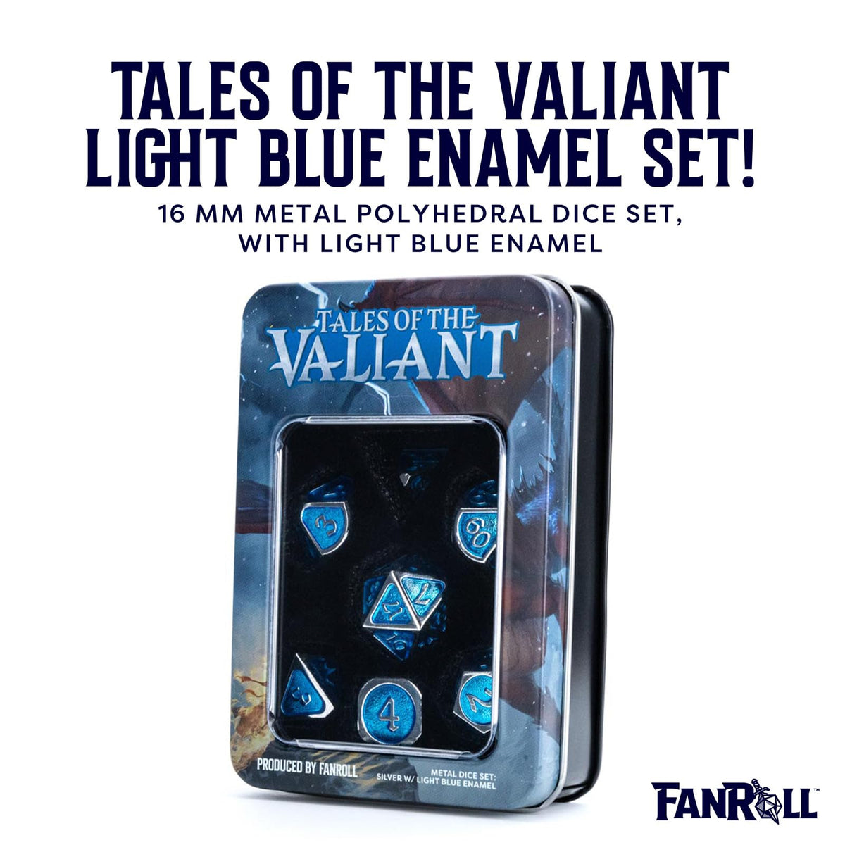 FanRoll Tales of The Valiant Metal Dice Set, Silver with Light Blue Enamel, Set of 7