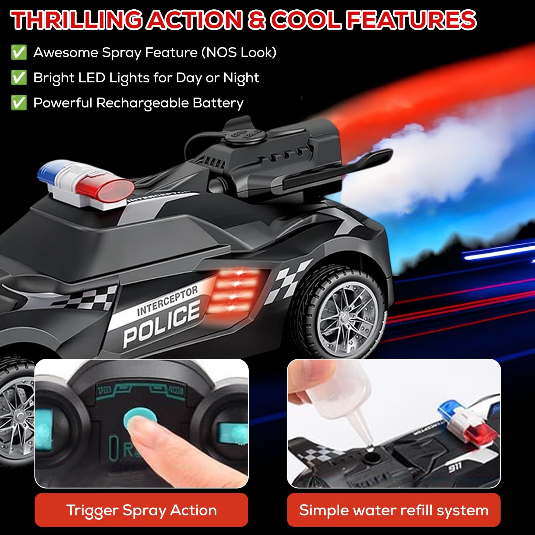 TOOTY TOY Remote Control Police Car Toy with Smoke Effect & LED Lights, Fast Rechargeable RC Car for Kids, Anti-Slip Rubber Tires, Cool Police Toys
