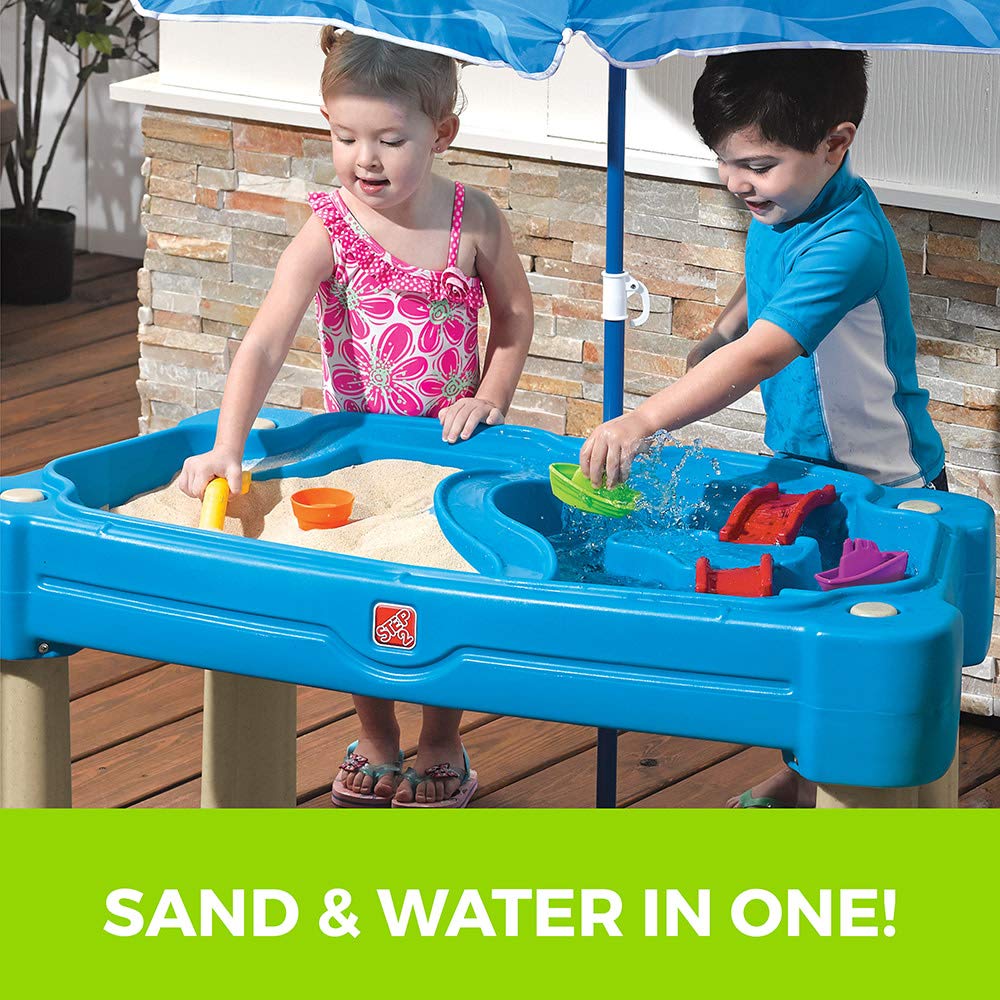 Step2 Cascading Cove Sand and Water Table, Kids Activity Sensory Playset, Comes with Umbrella, Summer Outdoor Toys, 7 Piece Toy Accessories,