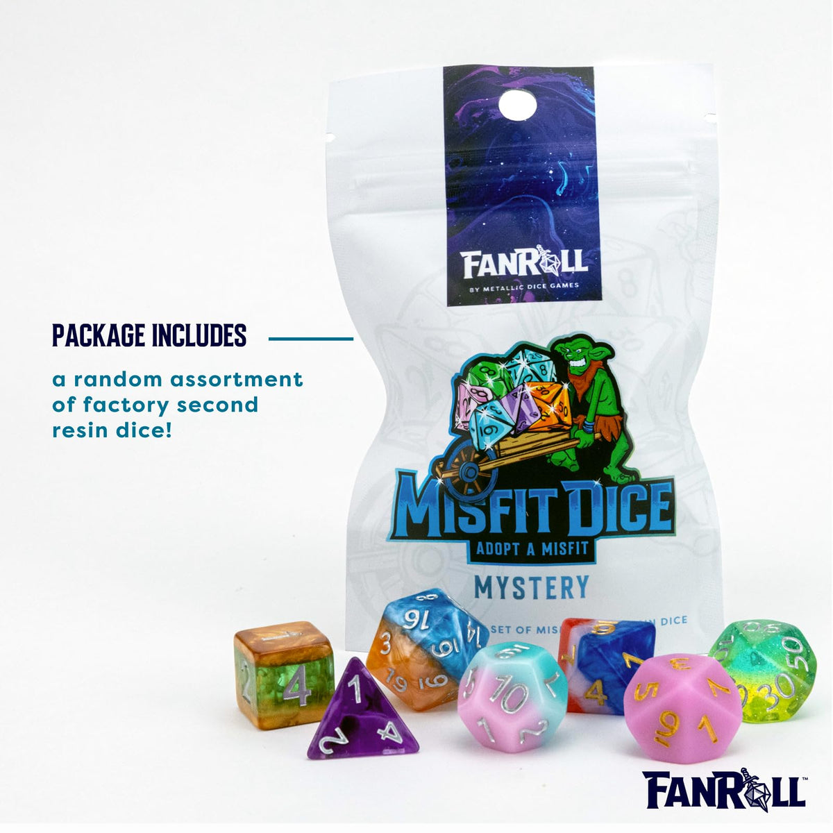 FanRoll Mystery Misfit Resin Polyhedral Dice Set, 7 Dice