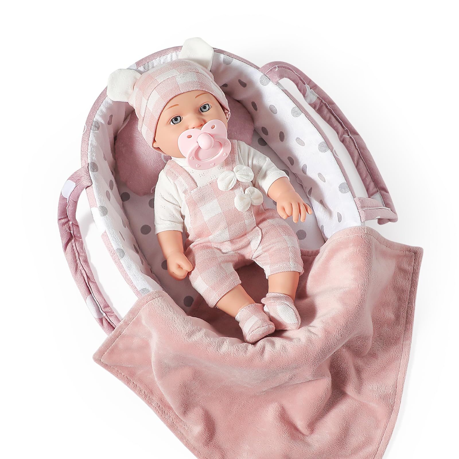 eDollable 12 Inches Baby Doll Toys Set with Accessories, Includes Doll Carrier Bassinet Bed, Pacifier and Blanket, First Baby Doll for Toddler Girls