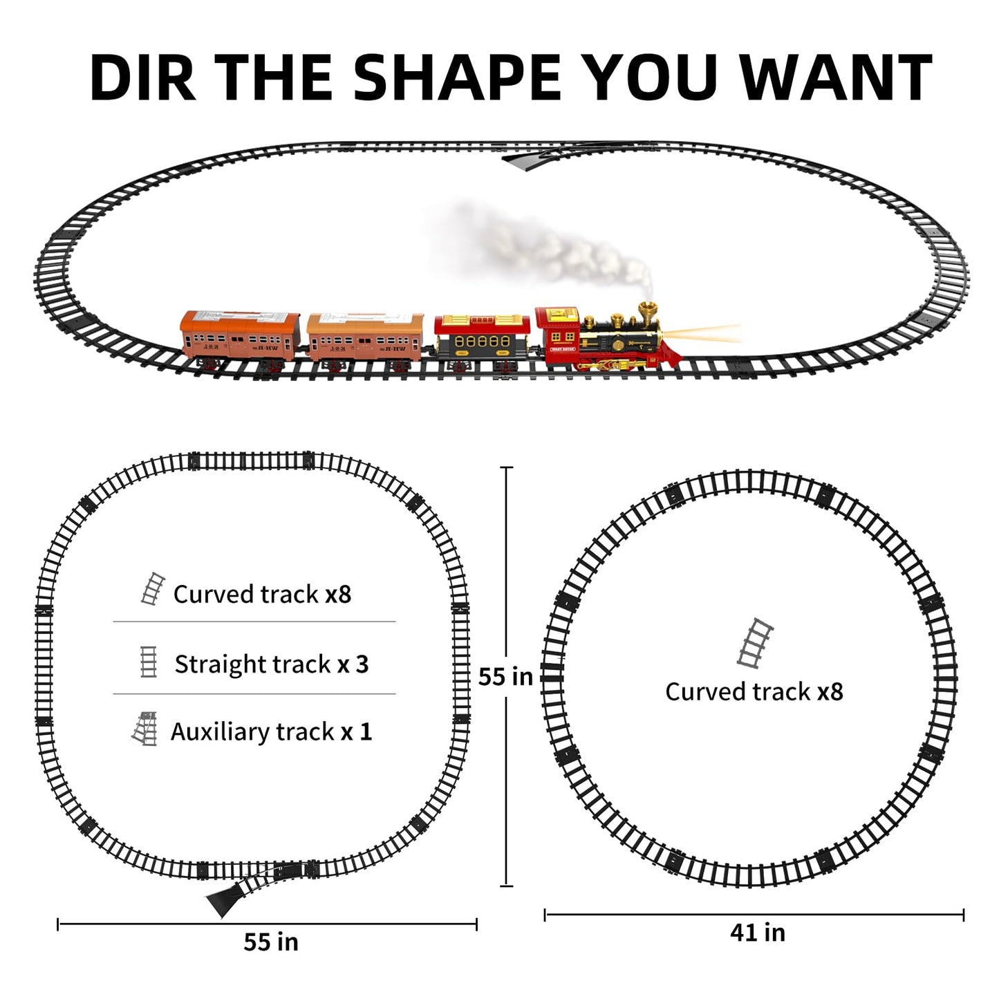 TEMI Train Set for Kids Toddlers 3-5, Train with Steam Engine, Cargo Car and Long Track, Rechargeable Battery Play Red Train Toys with Smoke, Light
