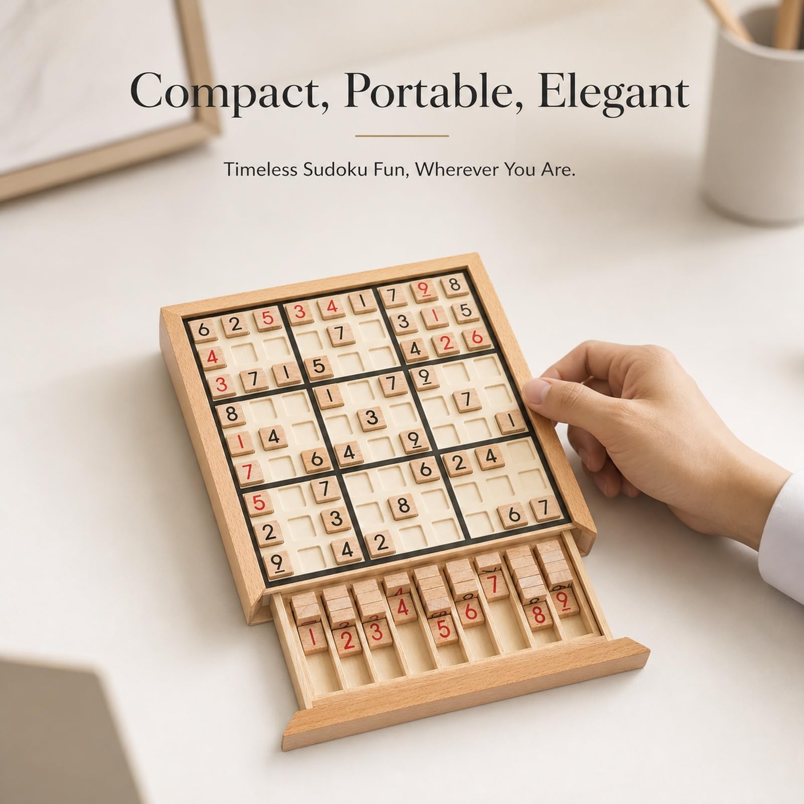 Wooden Sudoku Puzzle Game with Storage Drawer, Board Game for Adults, 9x9 Logic Puzzle for Brain Training, Travel, Family Night, Desk Games (Wooden