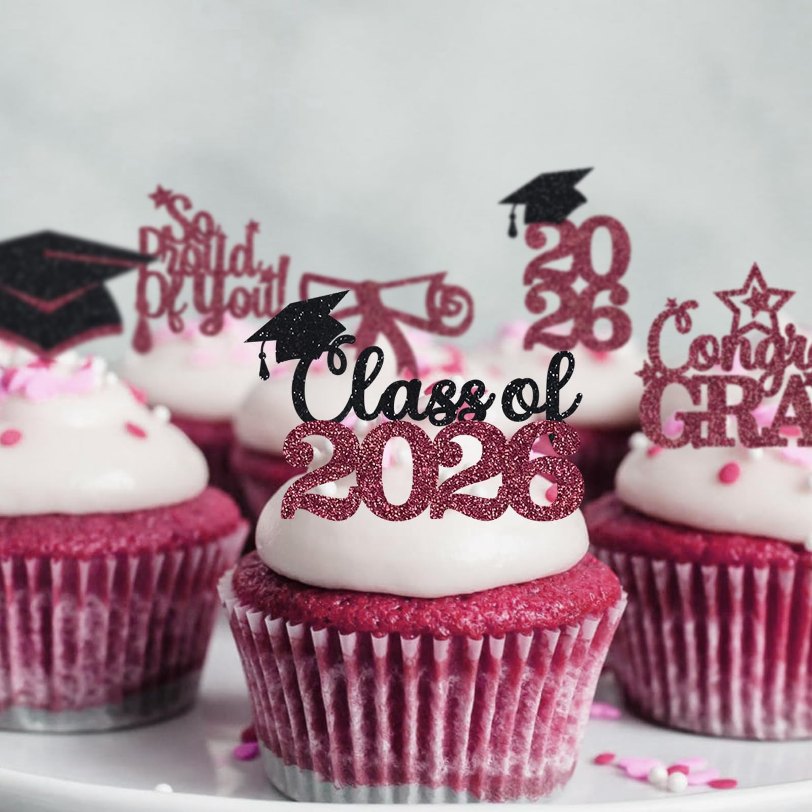 Maroon Graduation Cupcake Toppers 36PCS Glitter Proud Of You Food Picks Congrats Grad Party Table Ideas