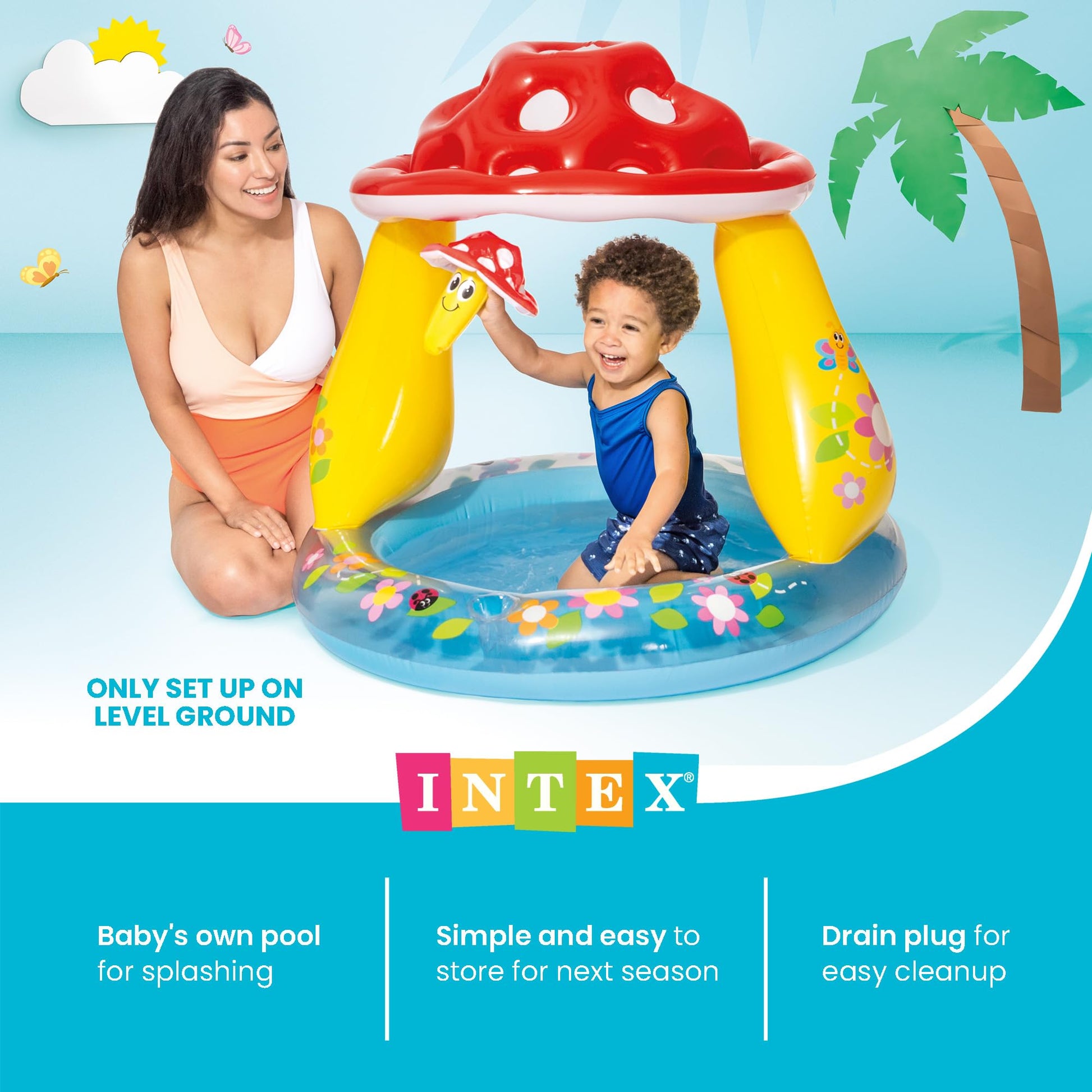INTEX 57114EP Mushroom Baby Pool: Built-In Mushroom Shade - Soft Inflatable Floor - Durable Vinyl - Ages 1-3 - 40" x 35"