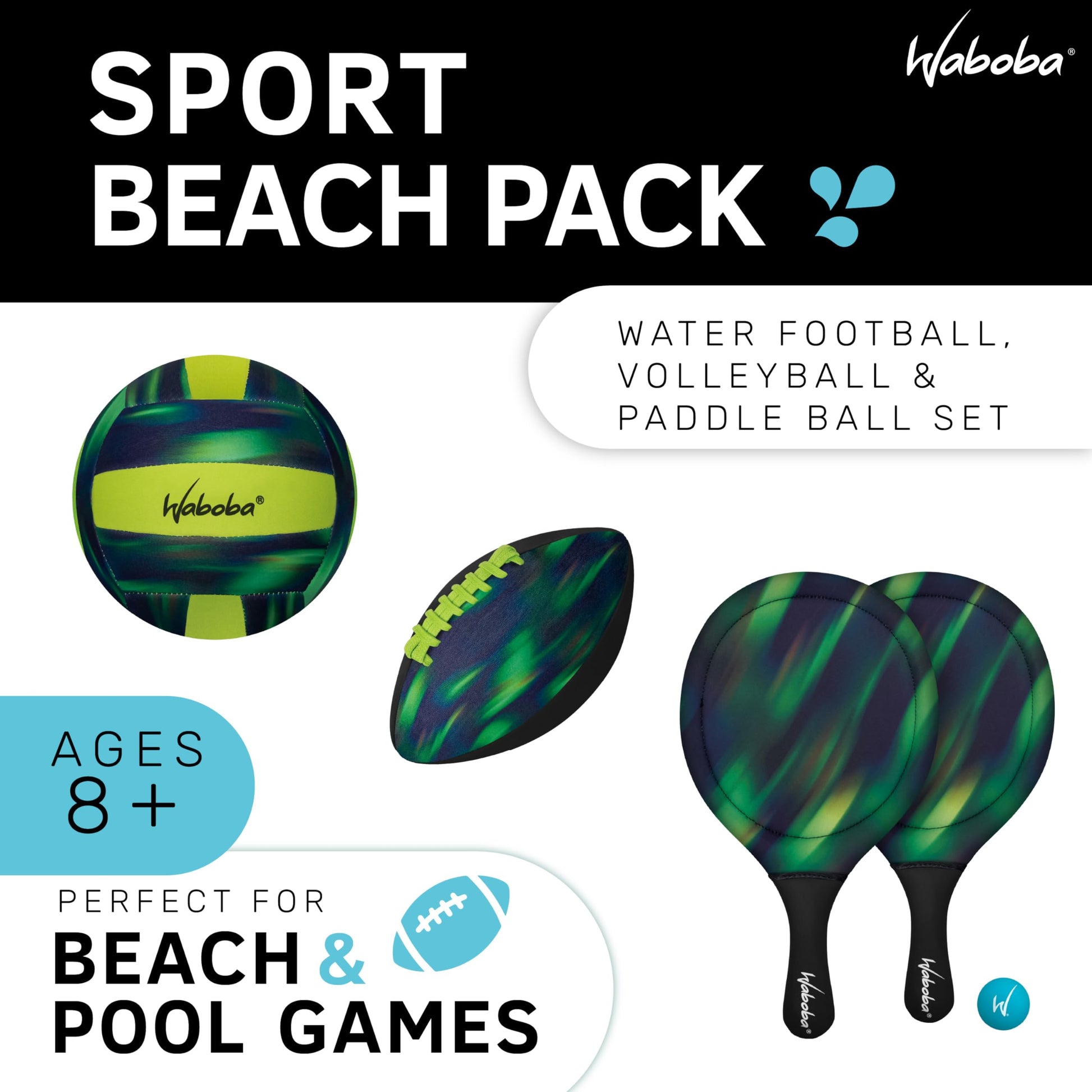 Waboba Sport Beach Pack, Green, 9 Inch Football, Volleyball & Paddle Set