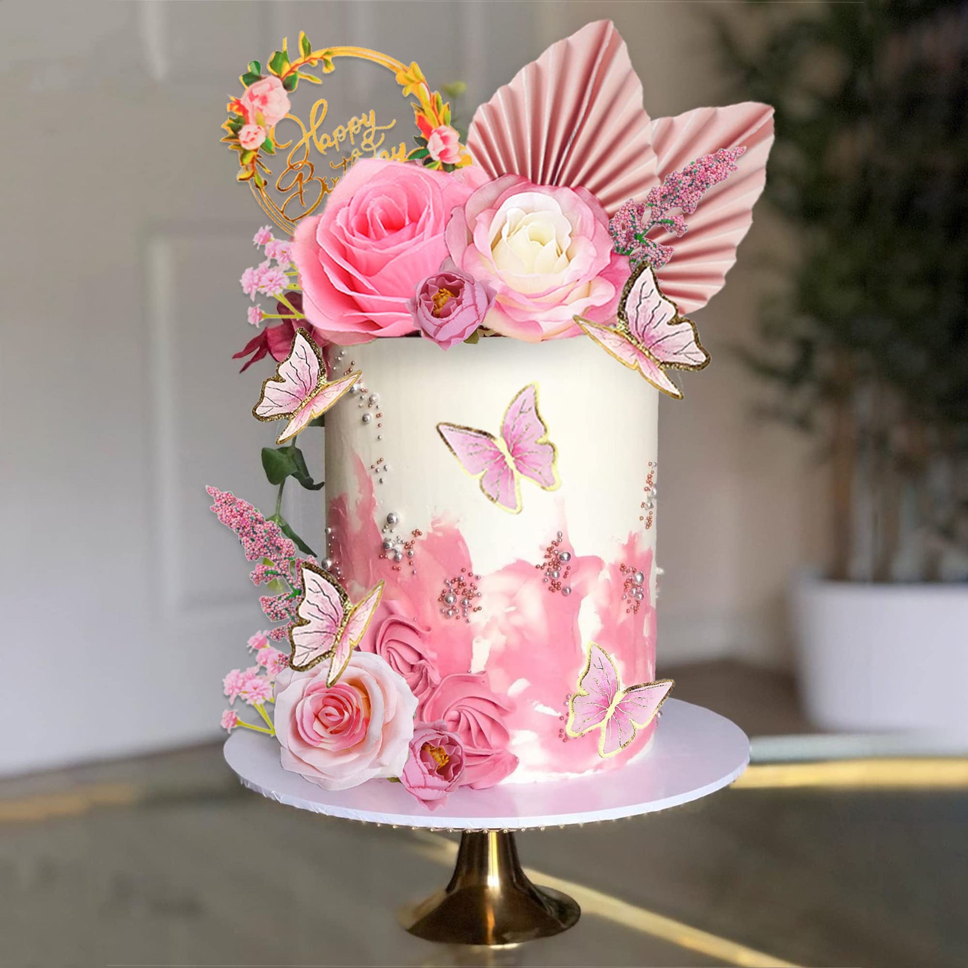 17 PCS Flower Cake Toppers Boho Cake Toppers Butterfly Cake Decorations with Light Artificial Roses Eucalyptus for Wedding Birthday Supplies (Light