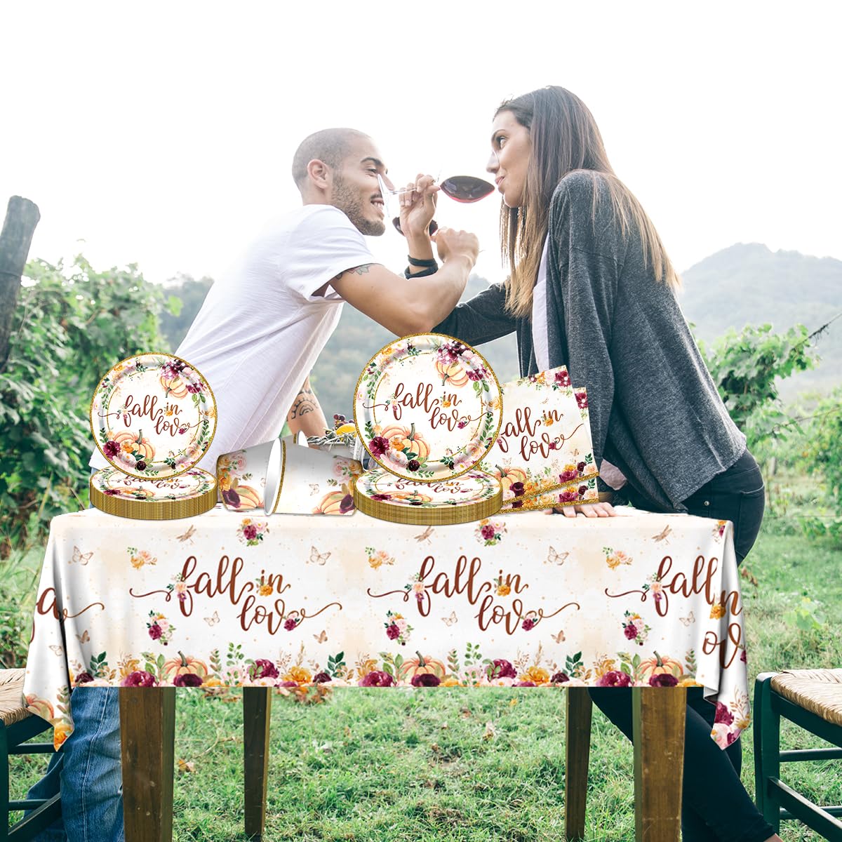 Fall in Love Bridal Shower Decorations,Fall Floral Pumpkin Disposable Tableware Set Includes Fall Dinner Plate,Tablecloths,Cup for Bridal