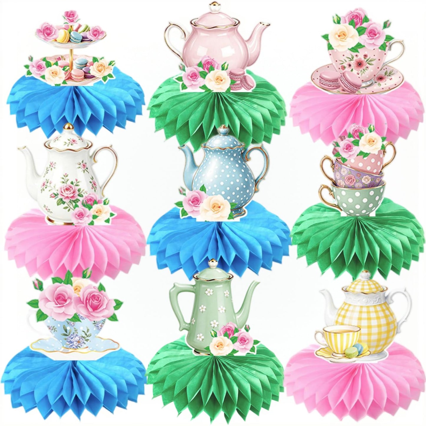 9 Pcs Tea Party Honeycomb Centerpieces, 3D Floral Teapot Tissue Paper Table Decorations with Tea Cup, Cake Stand, Rose Bouquet Designs for Bridal