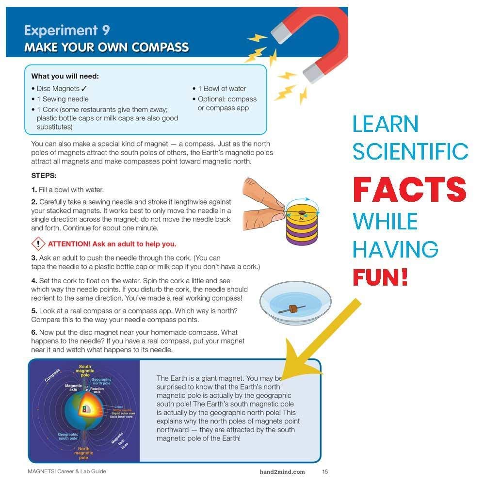 hand2mind Magnetic Science Kit for Kids 8-12, Kids Science Kit with Fact-Filled Guide, Make Magnets Float and Build a Compass, STEM Toys, 9 Science