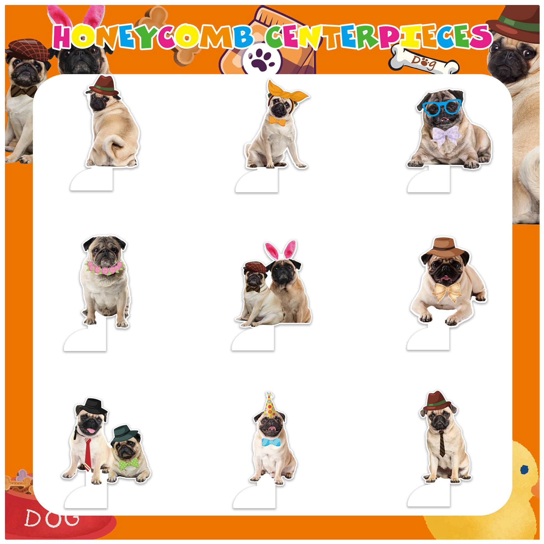 9 PCS Pug Honeycomb Centerpieces Table Decorations Pug Table Centerpieces for Pug Dog Party Supplies Birthday Party Decorations