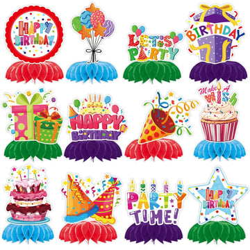 Birthday Party Decorations Supplies, TONGQI 12 Pcs Colorful Themed Happy Birthday Decoration Set with Honeycomb Centerpiece for Party Decor