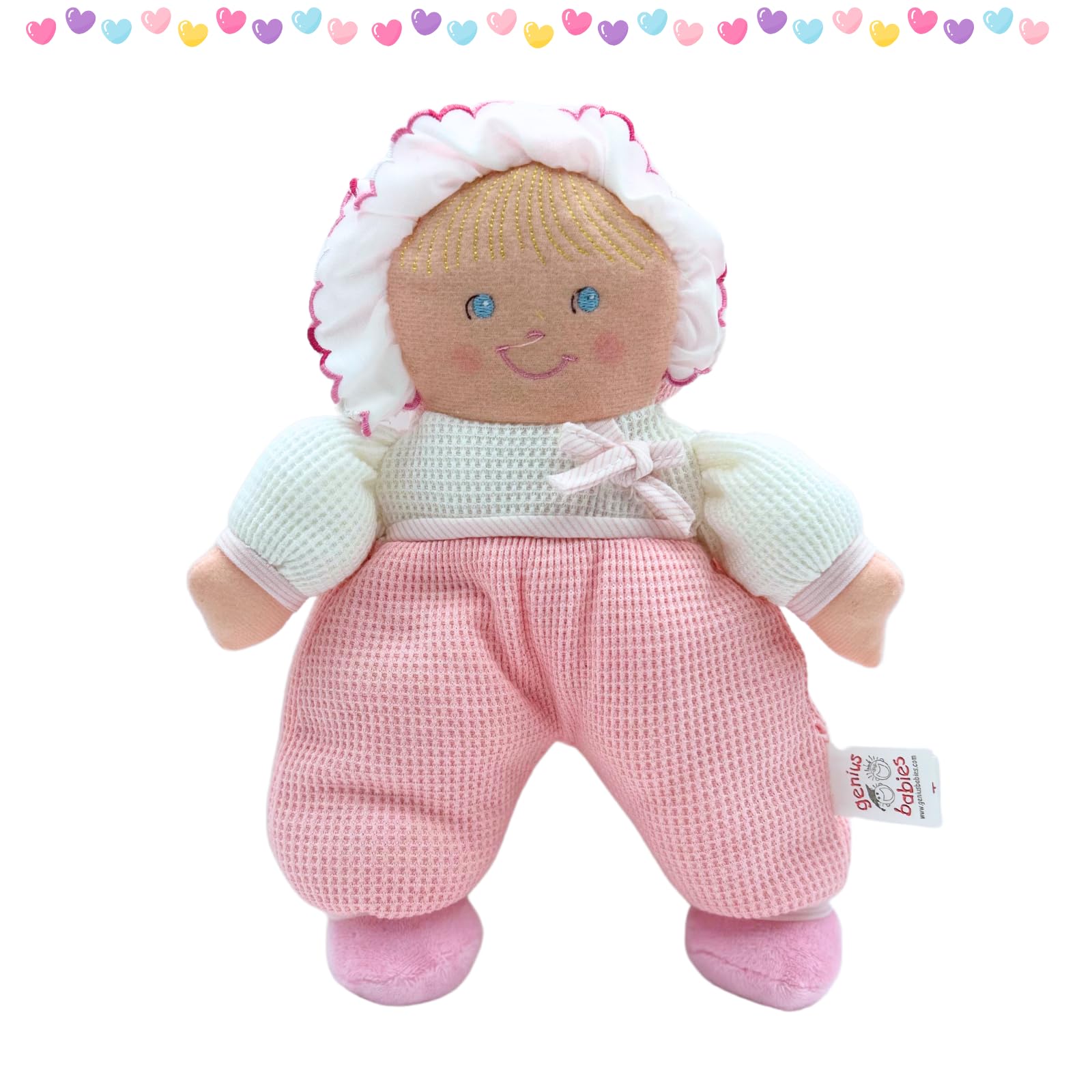 Genius Baby Toys My First Baby Doll, Pink Thermal Fabric, Cuddly Soft Lovey for Infants, Classic Vintage Design, No Hard Parts, Machine Washable, Baby