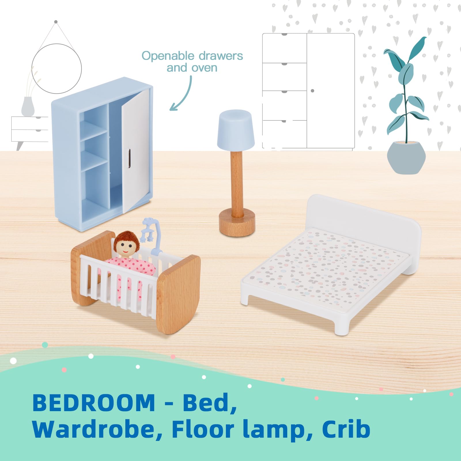 OOOK Wooden Dollhouse Furniture Set for Kids, 26 Pcs Dollhouse Accessories with 4 Family Dolls and Dog, Miniature Doll House Furniture Toys Pretend