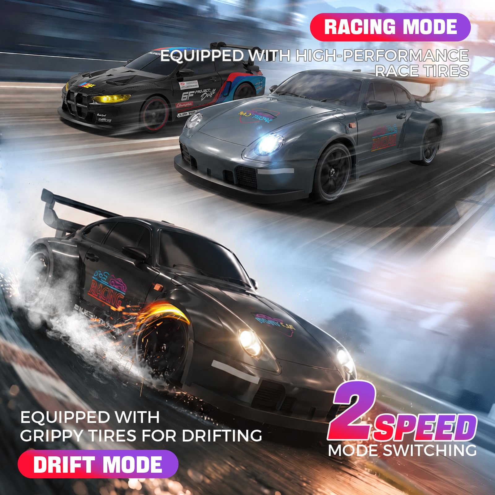 RC Drift Car, 1:24 Remote Control Car with LED Lights, 3 Batteries Black