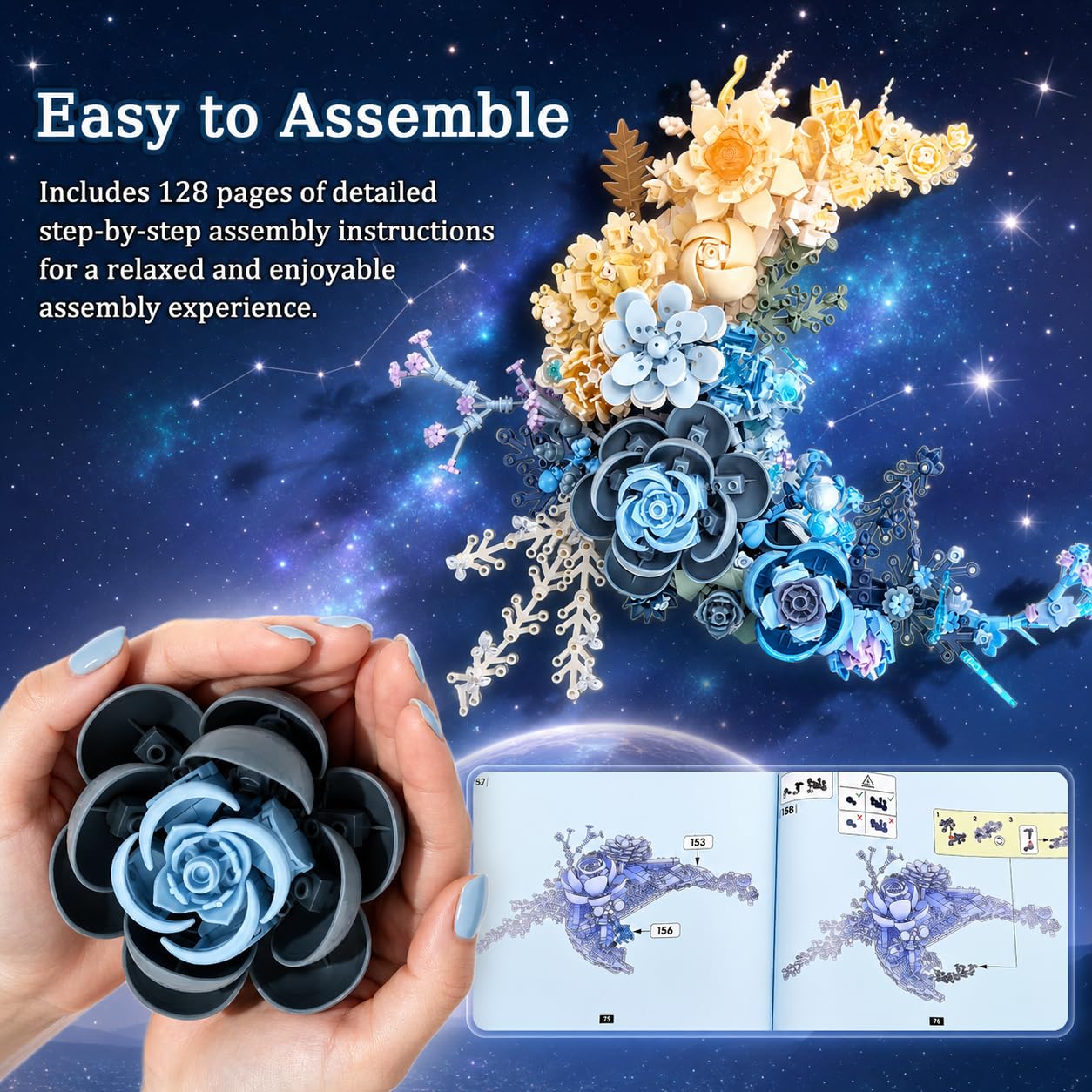 Blue Moon Flower Bouquet Building Set, Compatible with Lego Flowers for Adults, Botanical Collection Artificial Flowers Building Blocks, Décor Wall