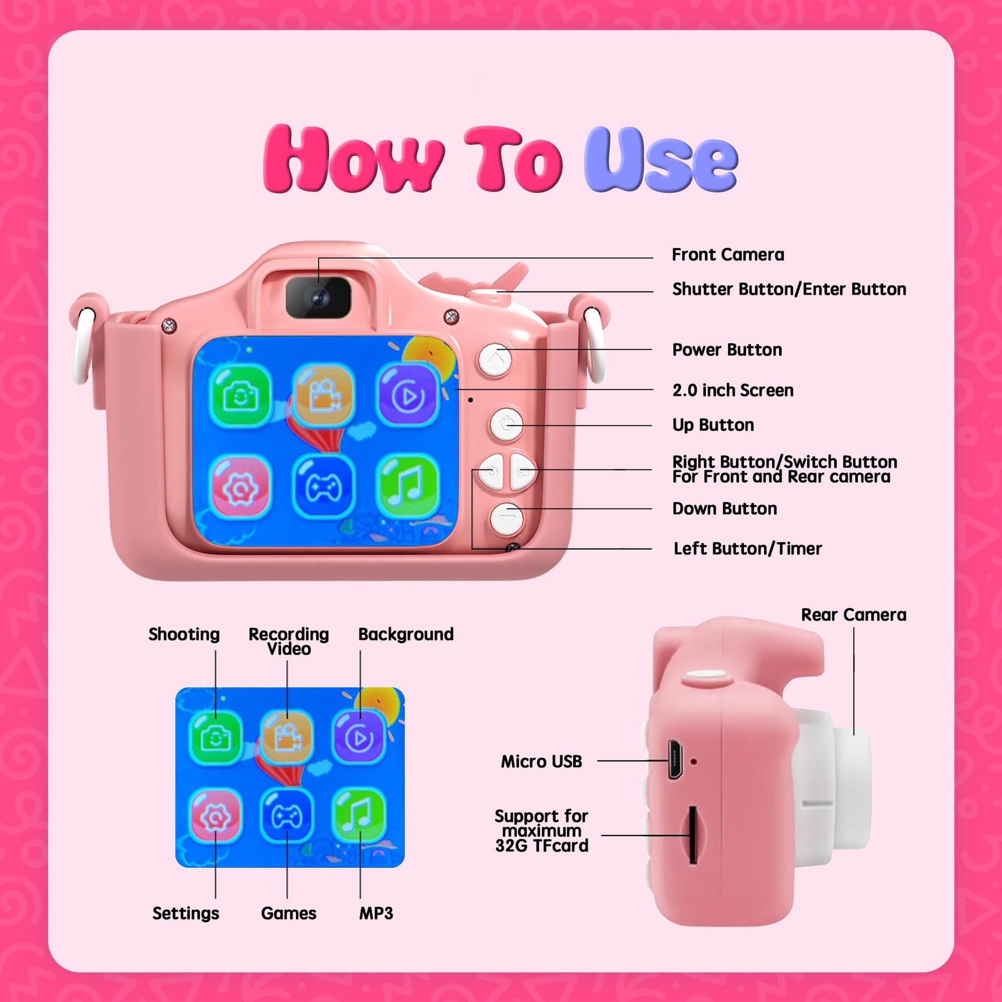 Kids Camera Toys Toddler Digital Camera for Boys Girls, Selfie 1080P HD Video Camera for 3 4 5 6 7 8 9 Year Old Boys Girls with 32GB TF Card,Kids