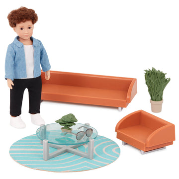 Lori - Mini Boy Doll & Toy Living Room Furniture - 6-Inch Boy Doll & Dollhouse Accessories - Sofa, Armchair, Coffee Table, Rug, Plants - Play Set