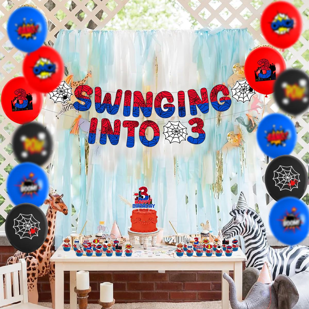 Spider Boy 3rd Birthday Party Supplies, Spider Theme 3rd Birthday Decorations Including Banner Balloons Cake Toppers