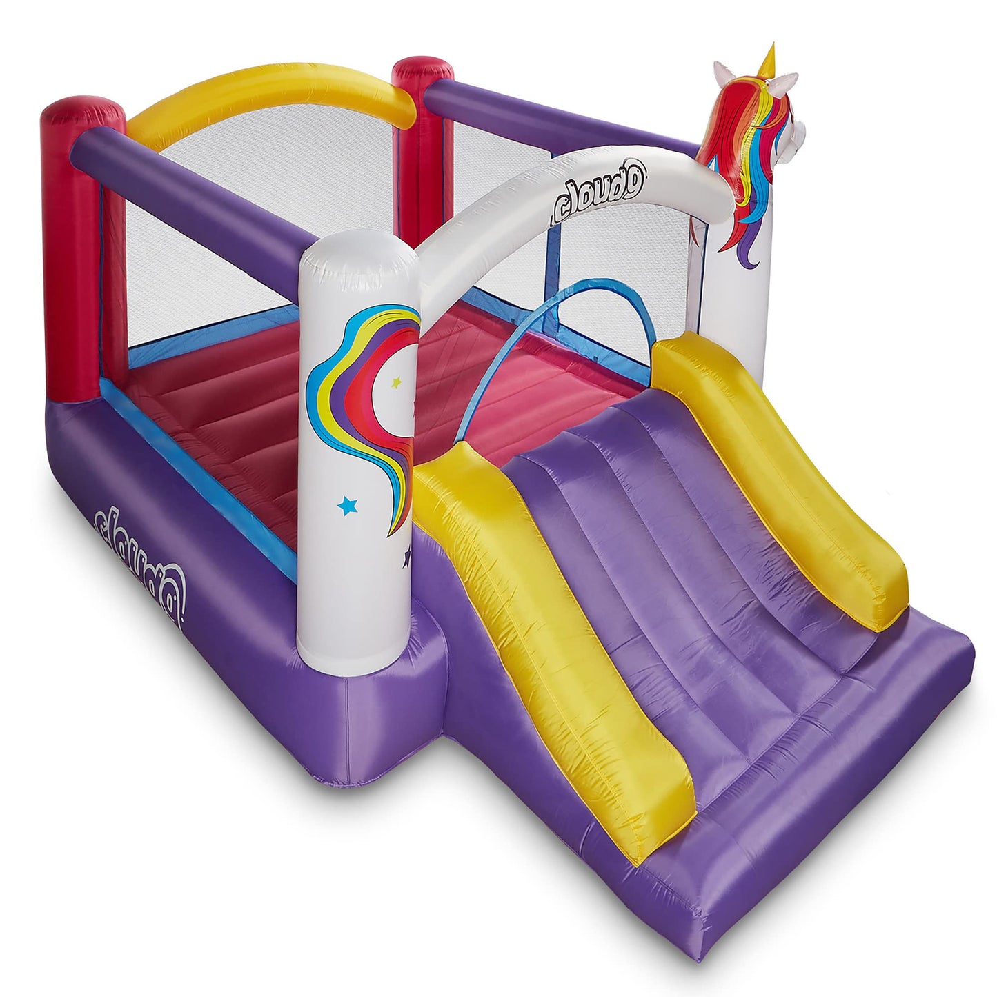 Cloud 9 Inflatable Bounce House and Blower, Unicorn Theme Bouncer for Kids with Slide, Includes Stakes and Repair Patches