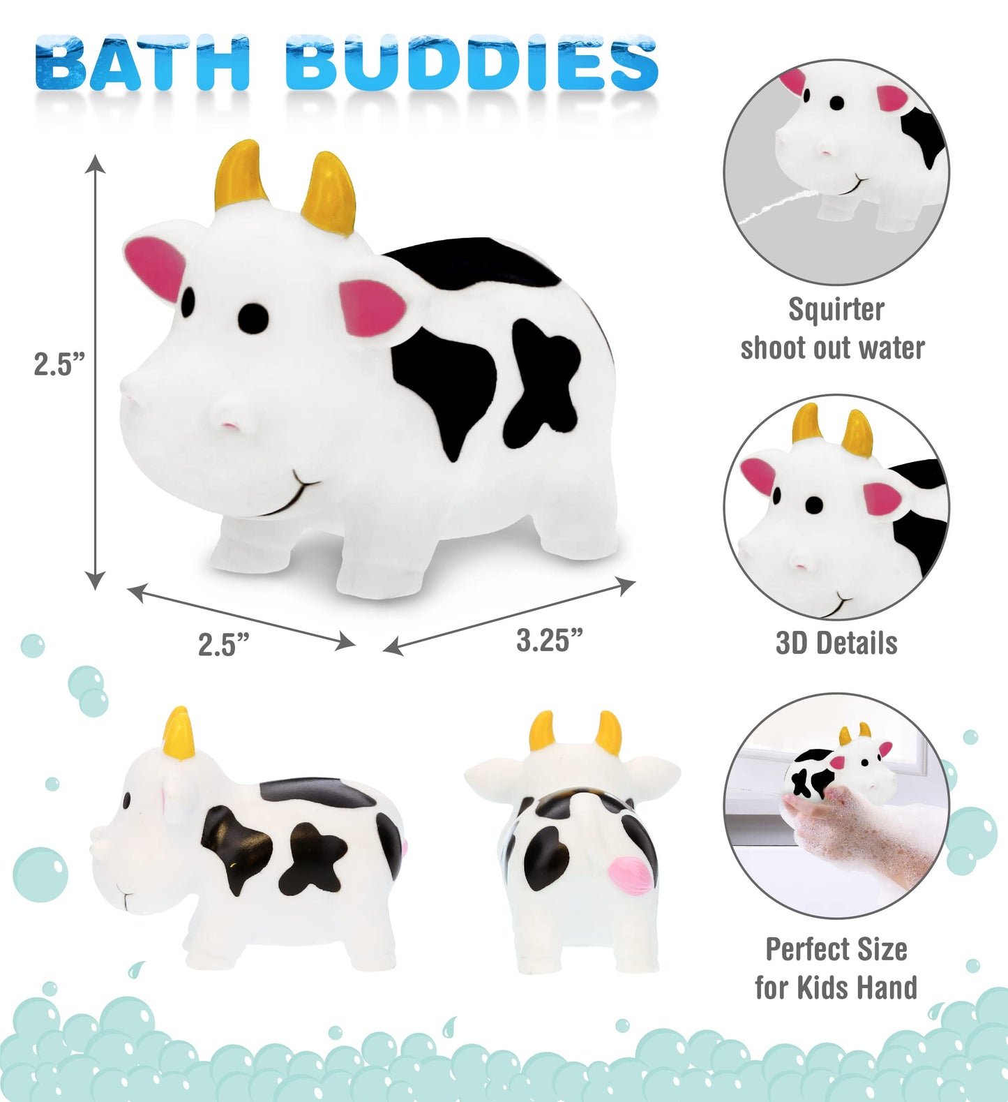 Dollibu Cow Bath Water Squirter Toy - Floating White Rubber Bath Toy, Cool Animal Squirting Bathtime Play Water Toy for Toddlers, Cute Farm Animal
