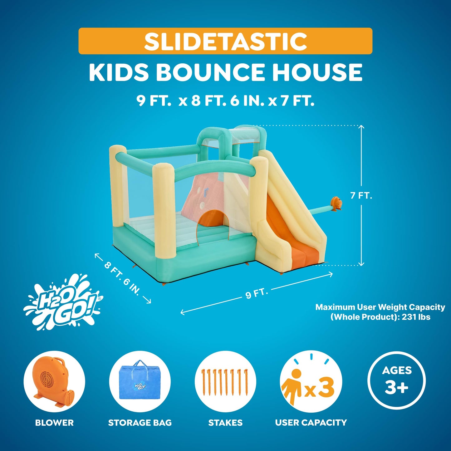 H2OGO! Slidetastic Kids Inflatable Bounce House with Slide & Blower, Pastel