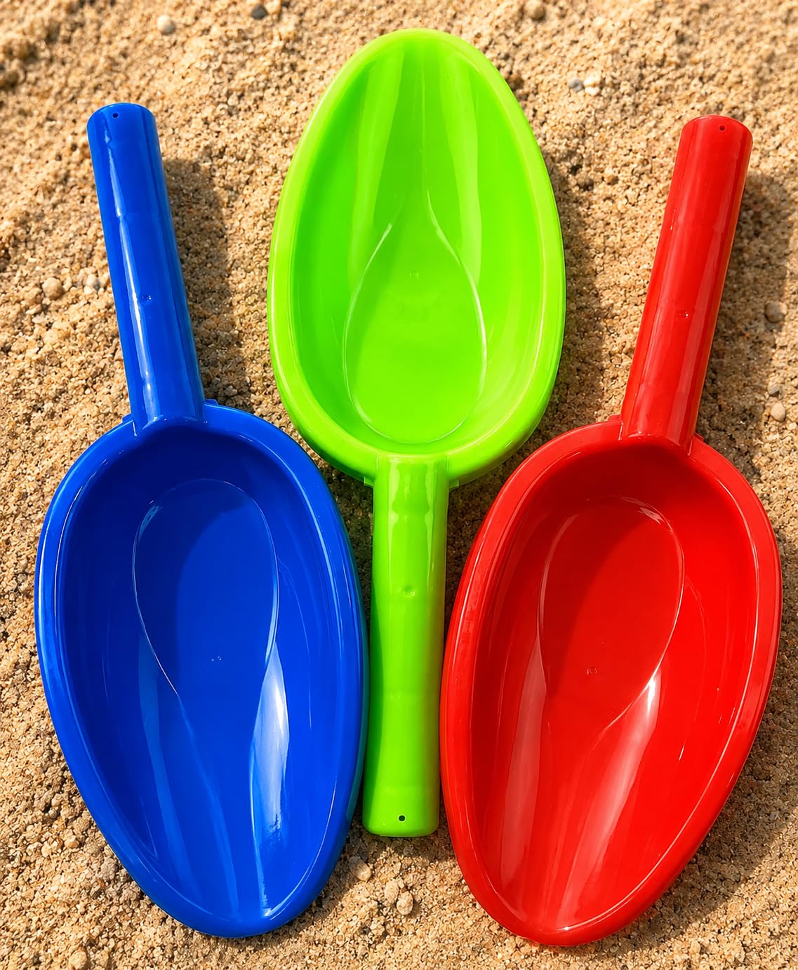 Matty's Toy Stop Kids Sand Shovels for Beach & Sandbox - 3 Pack 14" Long Handle Plastic Sand Scoops, Red Blue Green, Outdoor Beach Toys for Boys