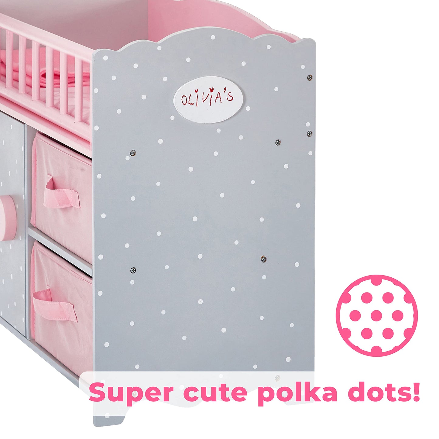 Olivia's Little World Wooden Baby Doll Crib with a Cabinet and Two Cubbies for Doll Accessory Storage Underneath, Pink and Gray and White Polka Dots