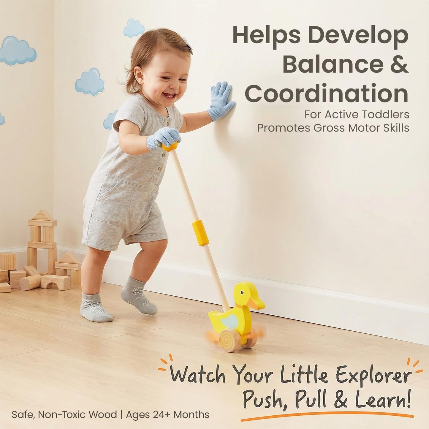 Wooden Push Toys for Toddlers 1-3, Baby Pull Along Stick Walking Duck