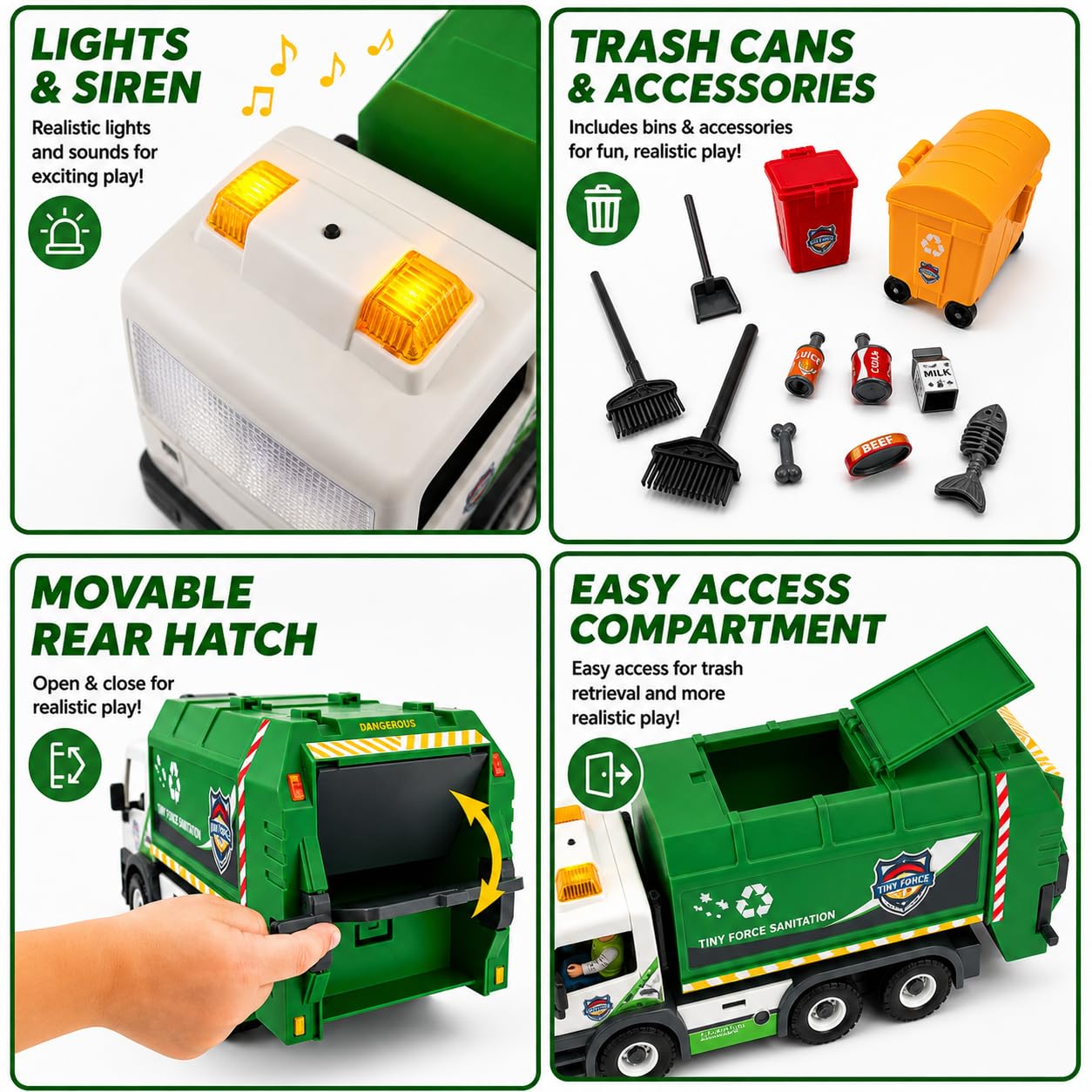 Tiny Force Garbage Truck Toy Set with 2 Action Figures, Dumpster, Trash Bin, Cleanup Accessories & Pretend Trash, Ages 4+