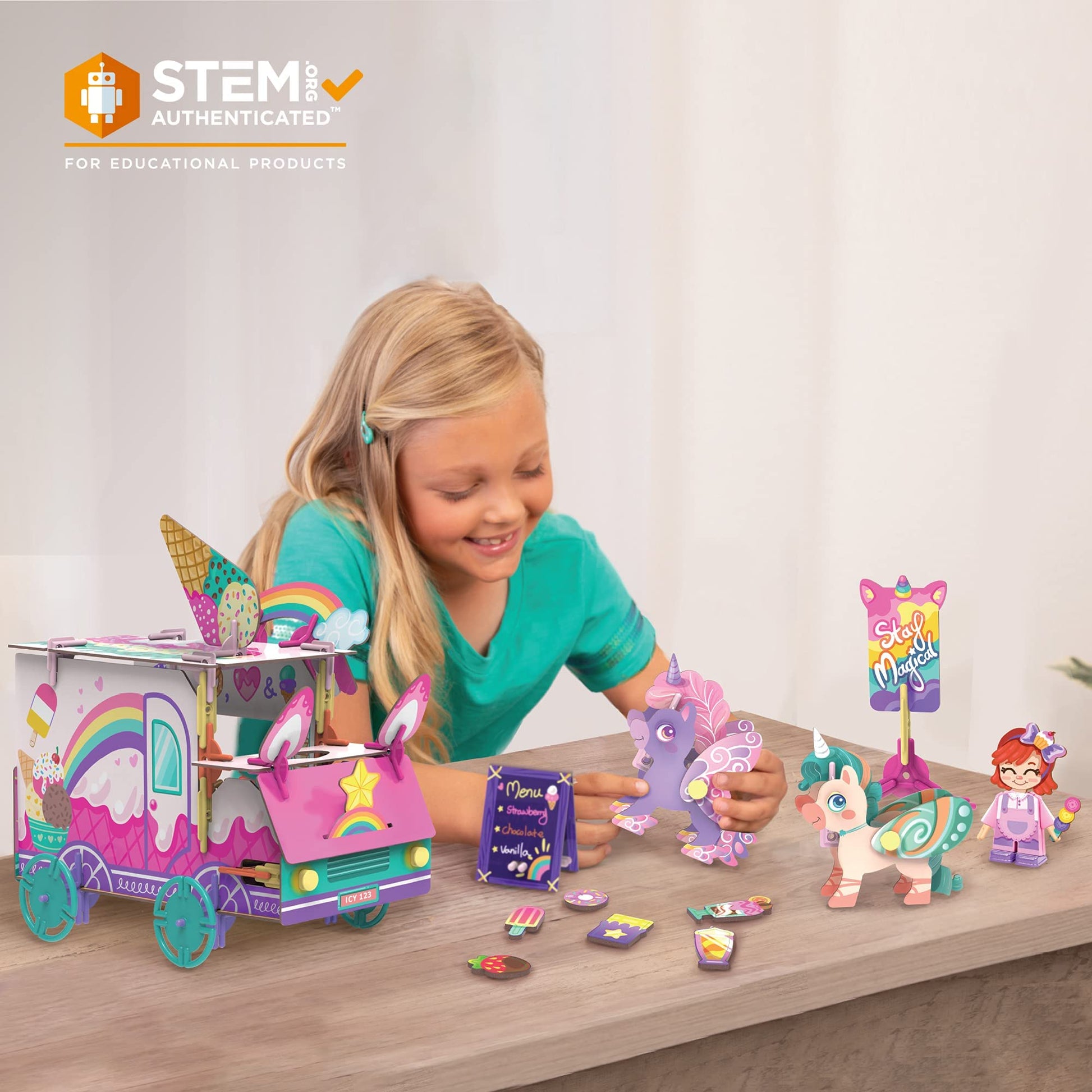 PINXIES Unicorn Ice Cream Truck | Build-Your-Own Magical Animals Play Set, Kids 3D Puzzle Toy - STEM Girl Toys Ages 6-7 and Up
