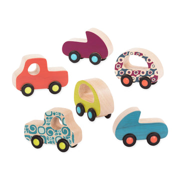 B. toys Wooden Toy Cars Set, Free Wheee-Lees, 6 Mini Vehicles, Wood Toys