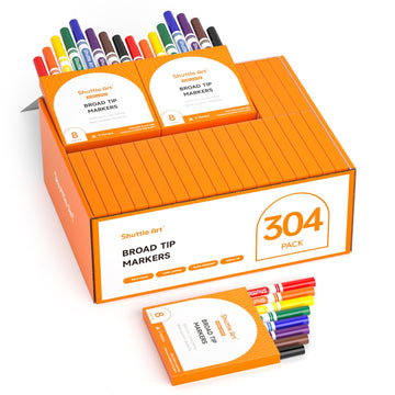 Shuttle Art 304 Pack Washable Markers, 8 Colors Broad Line Markers, Separate Pack of 38, Conical Tip Marker Bulk with a Box, Home Classroom School