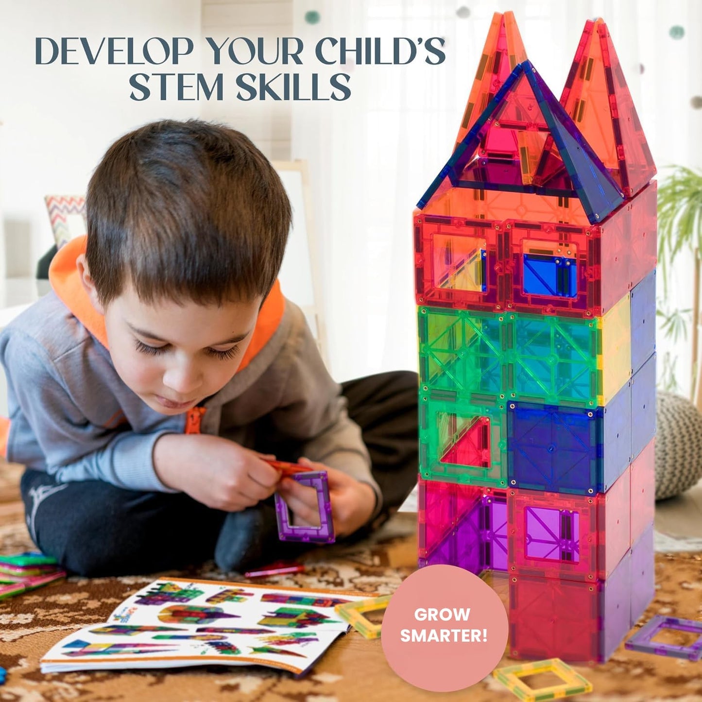 Playmags 48 Piece Set - with Stronger Magnets, STEM Toys for Kids, Magnetic Tiles and Building Blocks, Sturdy, Super Durable with Vivid Clear Color
