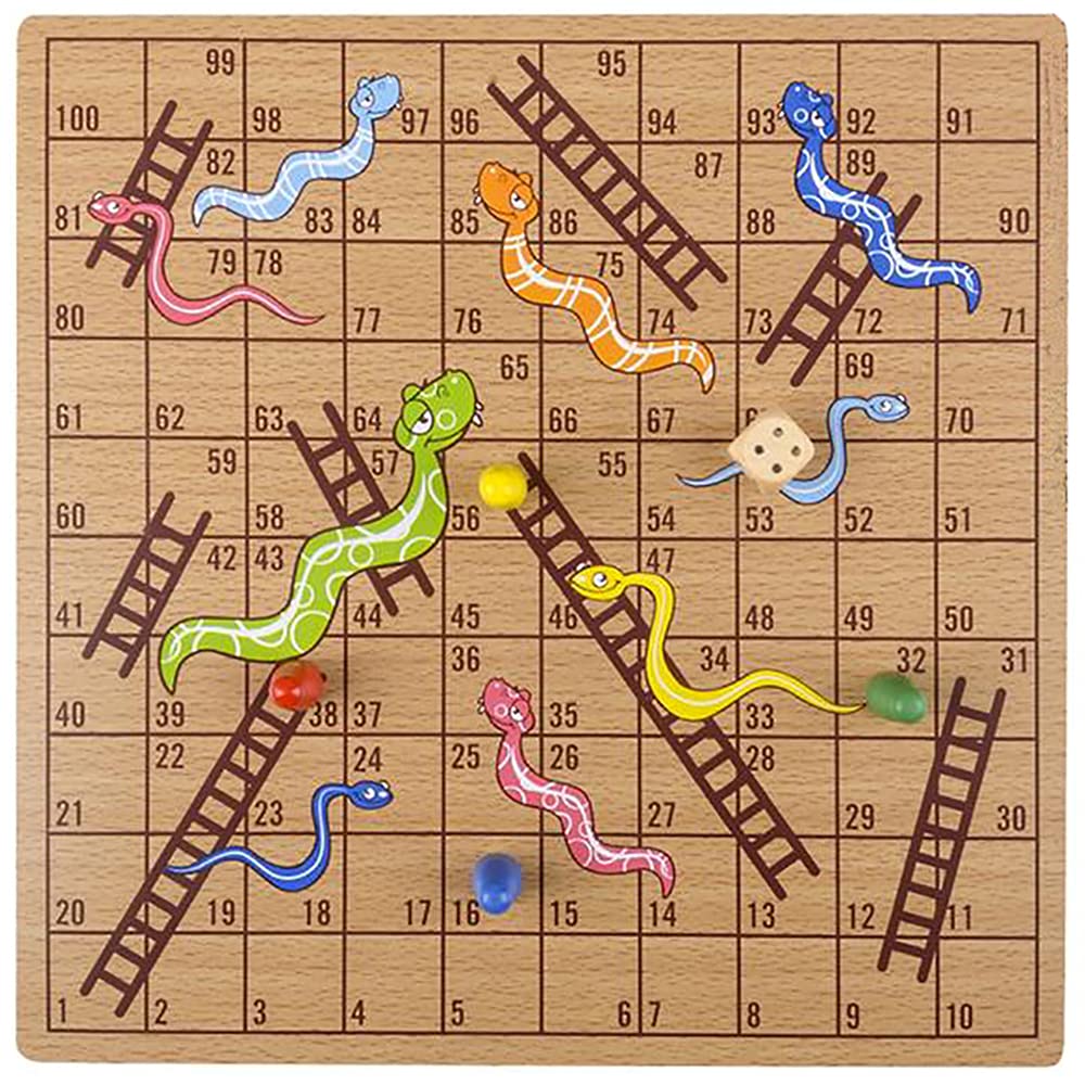 10" Inch Snakes and Ladders Wooden Board Games, Great for Prizes, 10" (10" Wooden Snakes & Ladders)