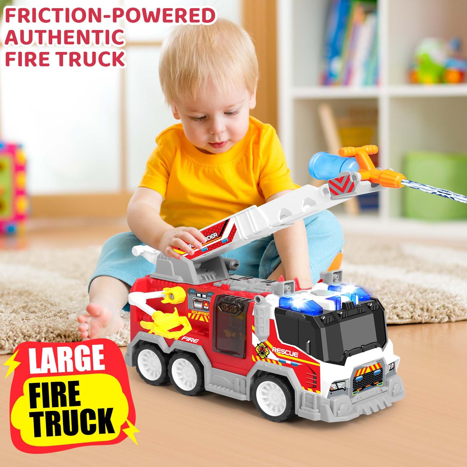 Big Fire Trucks for Toddlers 3 4 5 6 7 with 2PCS Ejecting Race Cars 18-Inch Ladder Lights Sprinkler Pump & Water Shooting Big Emergency Vehicle